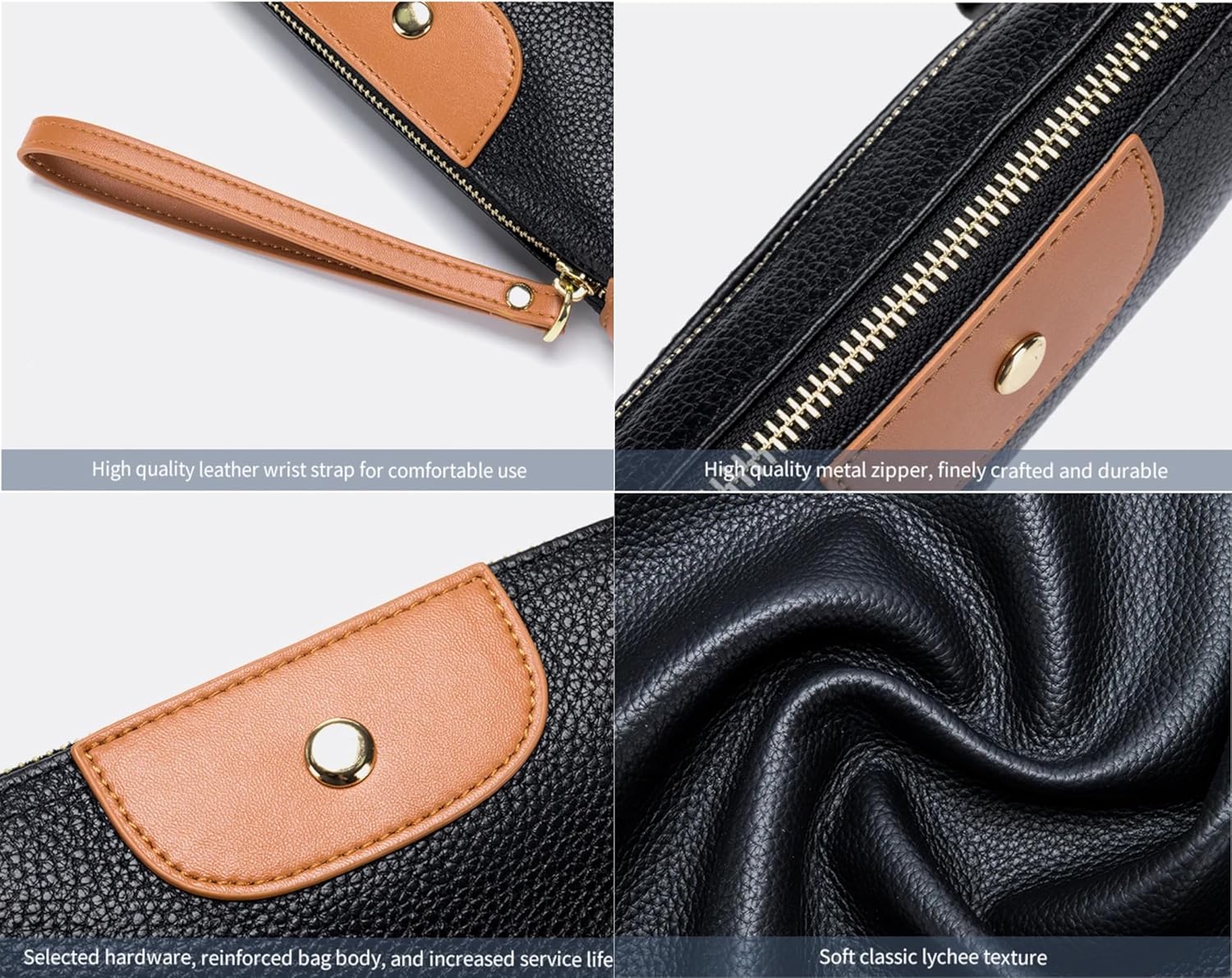 Women Genuine Real Leather Wristlet Wallet Clutch. 2 Zipped Pockets 3 Card Slots Purse (Black)