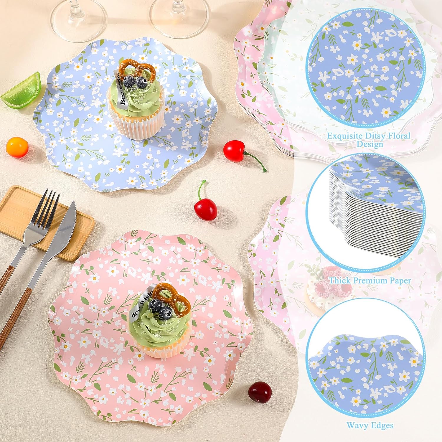 Yungyan 24 Pcs Ditsy Floral Paper Plates - 8.5" Dessert & 10.5" Dinner Floral Disposable Dinner Plates with Wavy Edges for Picnic, Birthday, Tea Party, Wedding, Christmas, Winter - Image 3