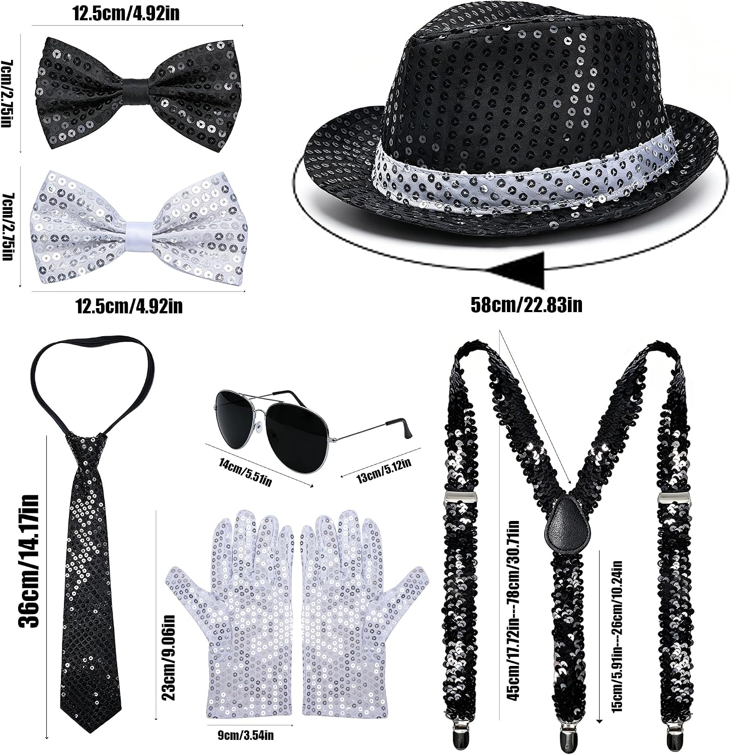 MORTICIA 7 Pcs Unisex Halloween 70s 80s Disco Performance Costume Sparkly Sequin Dance Star Set with Gloves, Fedora, Sunglasses, Tie, and Sequin Strap, Perfect for Cosplay and Theme Parties