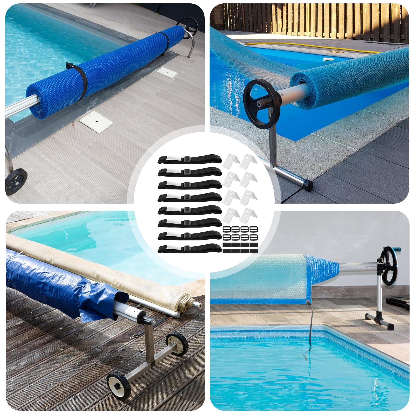 Bandas de sujeción para láminas de piscina solares, juego de 10 bandas de fijación y grapas, enrollador de piscina, dispositivo enrollable para sistema de enrollado móvil, para lonas de piscina