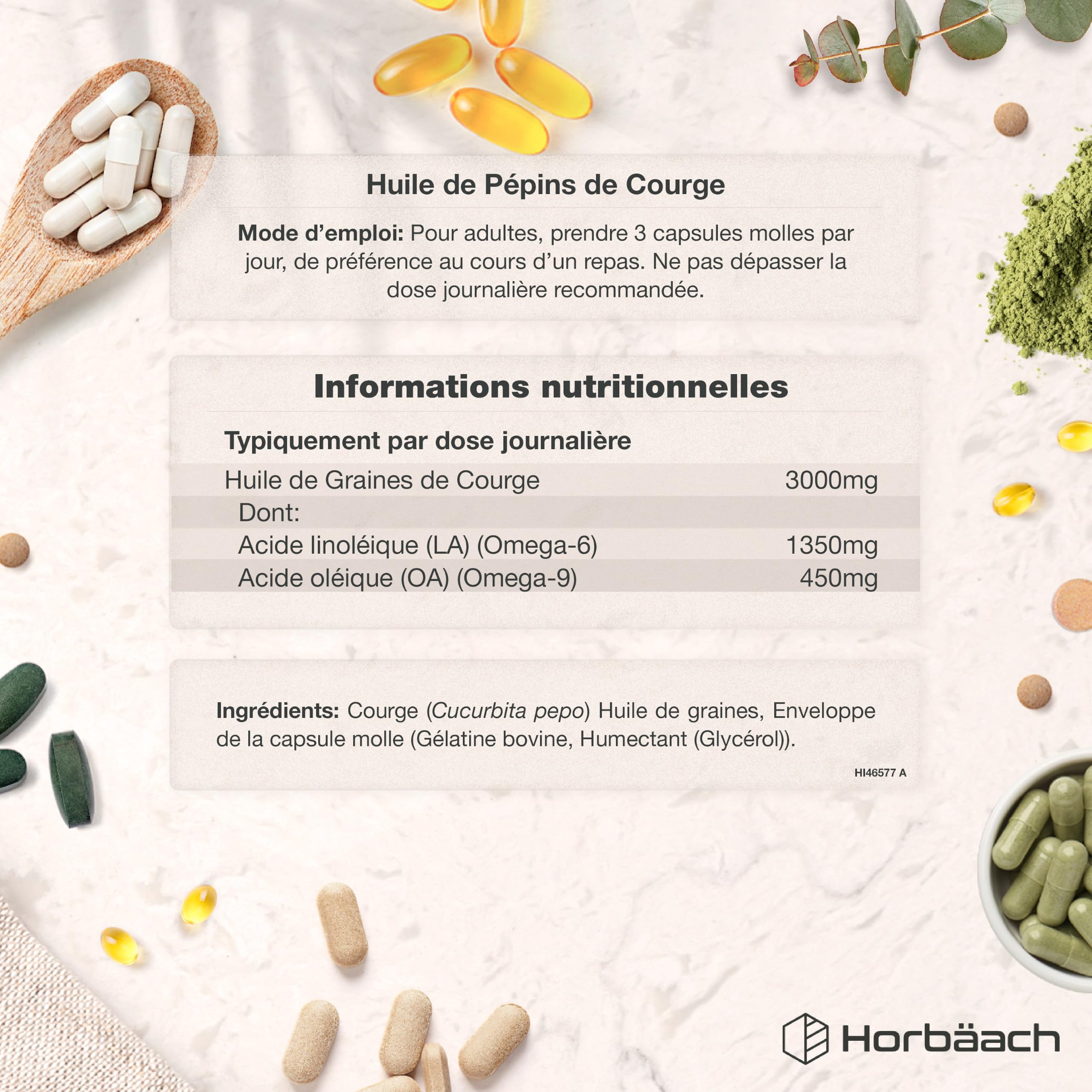 Huile de Pépin de Courge 3000mg | Pumpkin Seed Oil | 200 gélules | Huile de Graines de Citrouille | Pressé à froid et extra vierge | Horbaach
