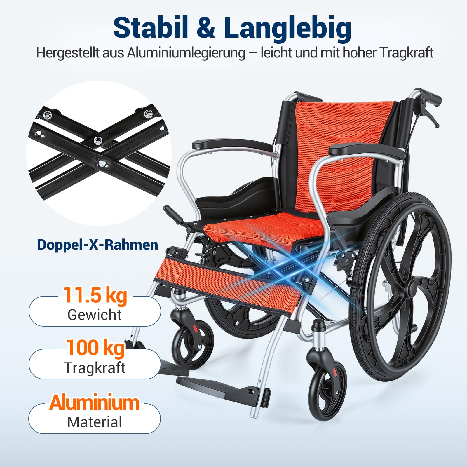 Care-parents Silla de ruedas plegable de aluminio ligera (11 kg) – Silla de viaje autopropulsada con 45 cm de ancho – Silla de ruedas compacta con freno de mano y neumáticos a prueba de pinchazos