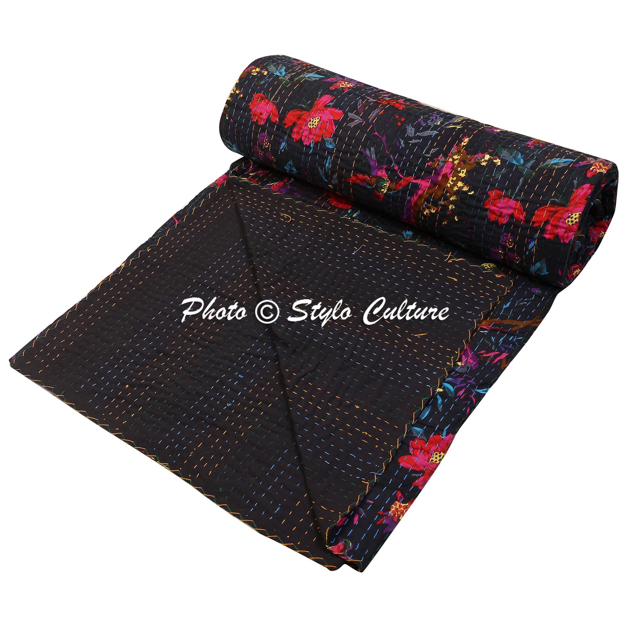 Stylo Culture Indian Kantha Cotton Double Paisley Hand Stitched Blanket Bed Cover- Black , Queen size-picture-11