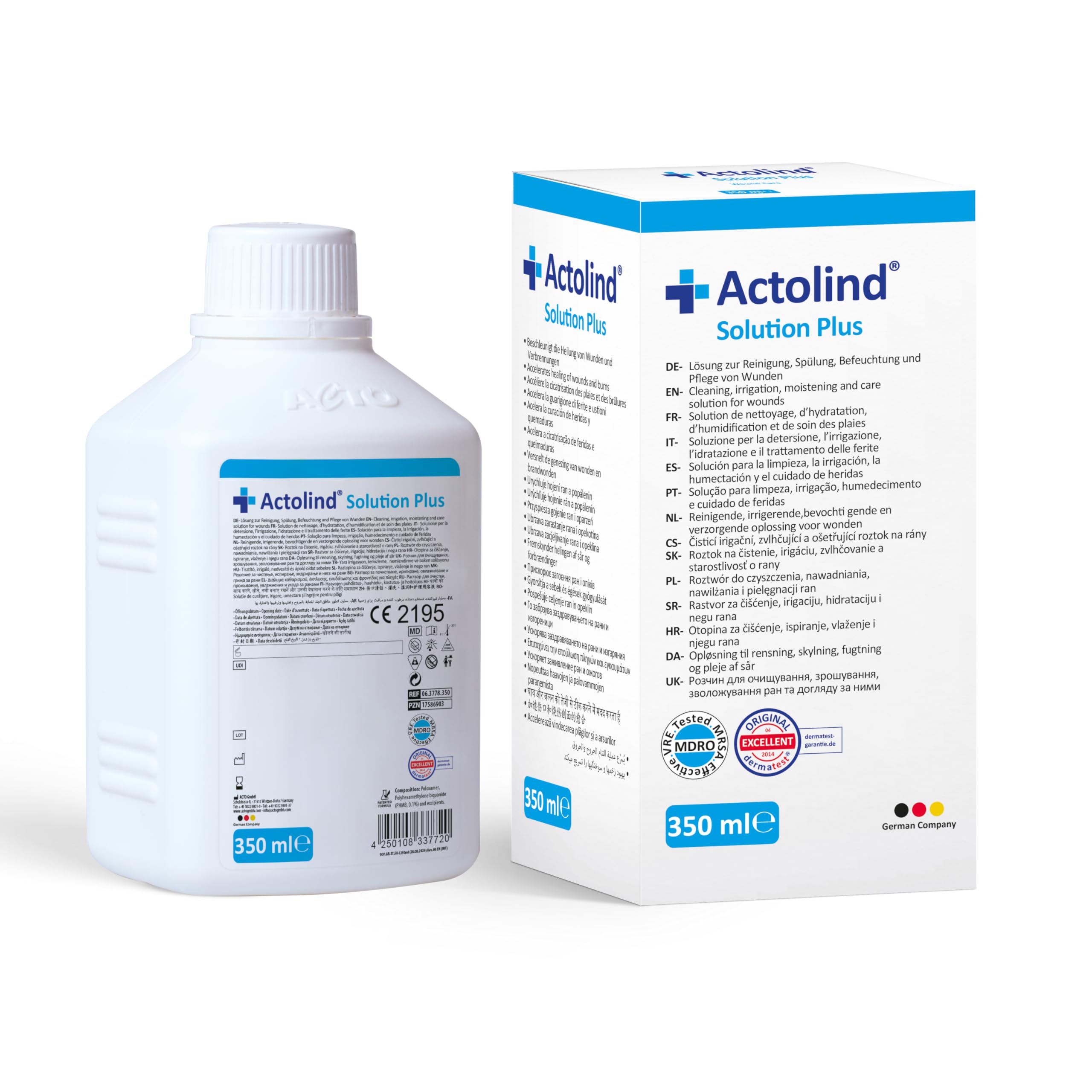 Actolind Solution Plus 350 ml – soluzione antisettica per irrigazione delle ferite. Pulizia e idratazione indolore di ferite acute, croniche, infette e ustioni. Classe CE III secondo MPG. Con PHMB.