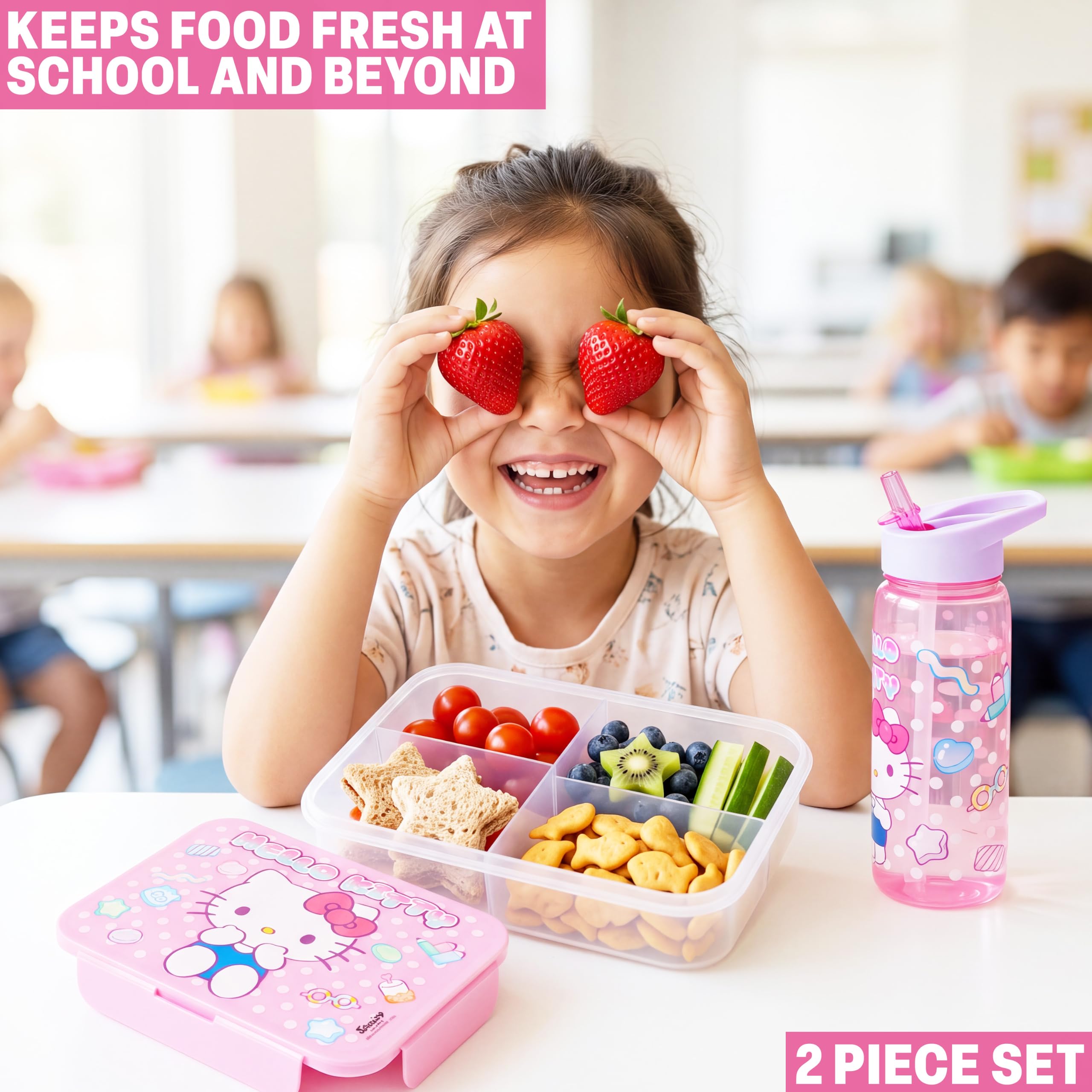 Get Trend Hello Kitty Set Boite Repas et Gourde Enfant Fille, Lave Vaisselle et Micro-ondes Sûre Bento Lunch Box Compartiments et Sans BPA Gourde avec Paille, École ou Pique Nique (Rose Hello Kitty)
