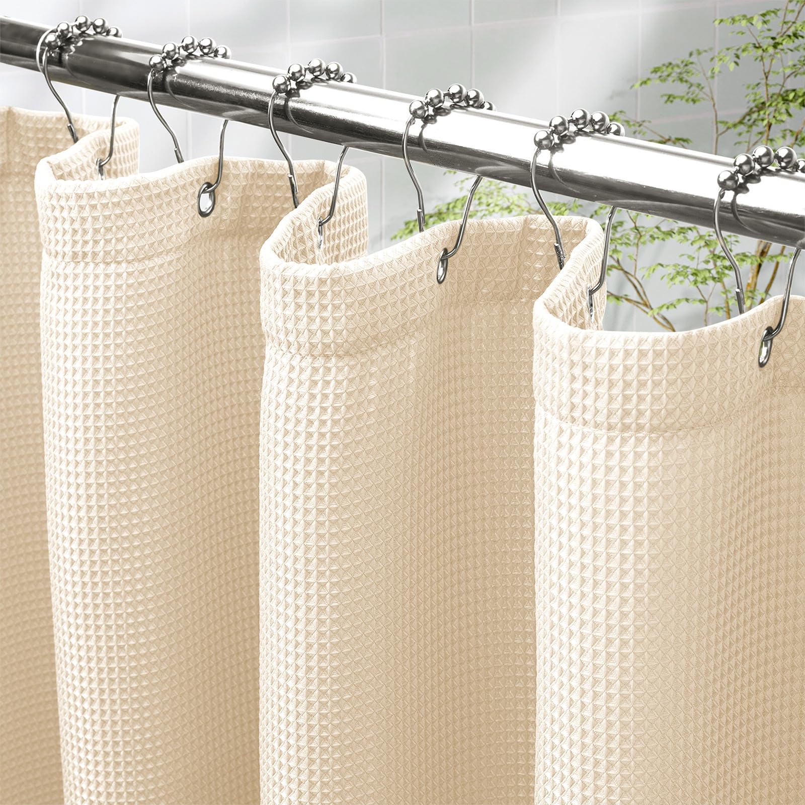 AmazerBath Waffle Shower Curtain, Heavy Duty Fabric Shower Curtain with Waffle Weave Hotel Quality Bathroom Curtains, 72 x 72 Inches (Cream Yellow)