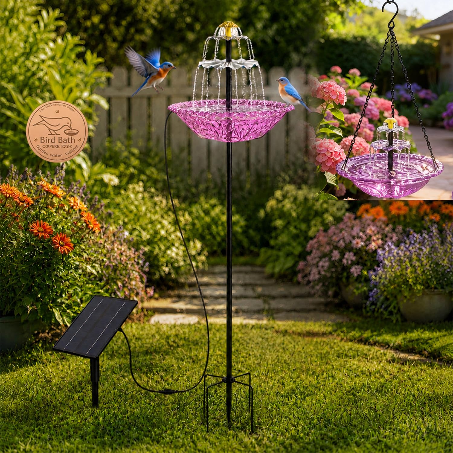 2026 New Three-Tier Bird Bath Tub, Ground-Mounted & Hanging Solar-Powered Bird Bath Tub with Recirculating Water Design, Suitable for Gardens and Backyards - Decorative Garden Gift (Purple)
