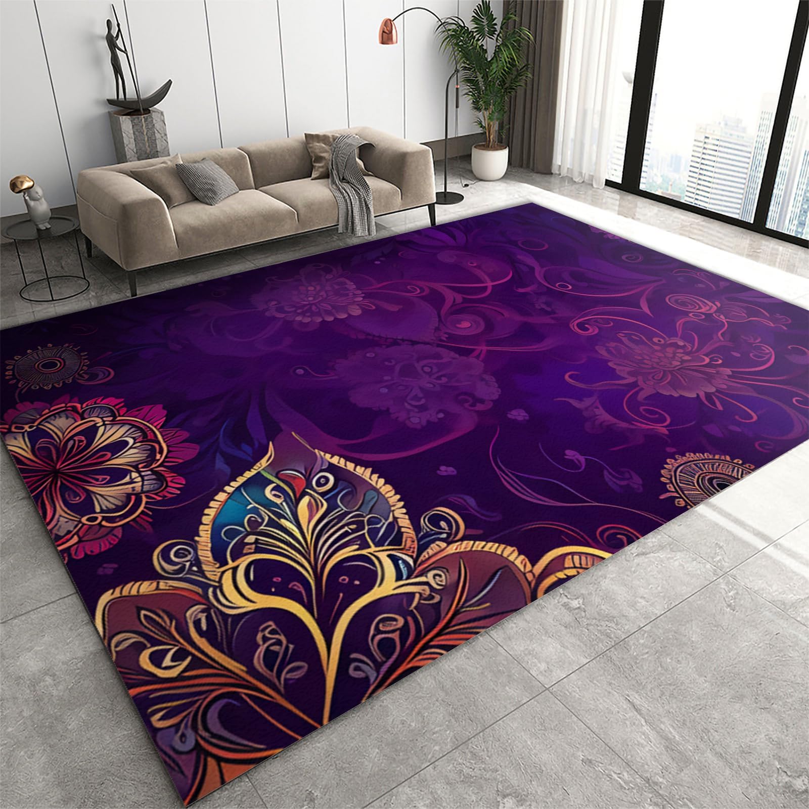 Luxurious Golden Mandala Area Rug, Fantasy Purple Background Non Slip Carpet, Low Pile Machine Washable Rug for Woman Bedside Living Room Bedroom