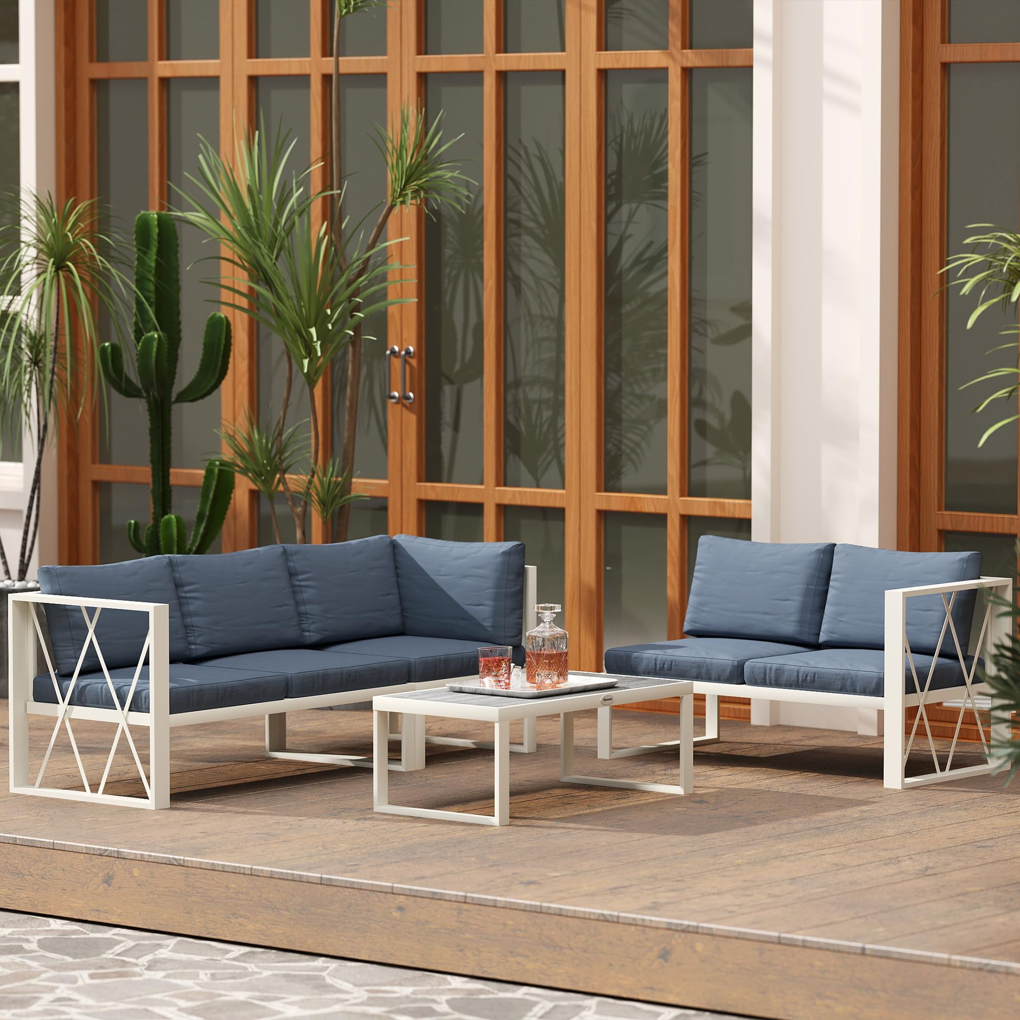 Outsunny Conjunto de Muebles de Jardín Exterior de 4 Piezas Sofá Seccional Exterior Forma de L con Sofá de Esquina y 2 Sofás de 2 Plazas con Mesa de Centro DPC Asiento Regulable y Cojines Beige y Gris
