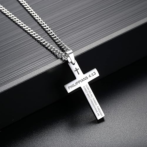 Miniatura 4 de Collar inspirador de cruz con versículo bíblico para hombres y niños, collar con colgante de cruz de plata negra lisa de acero inoxidable para