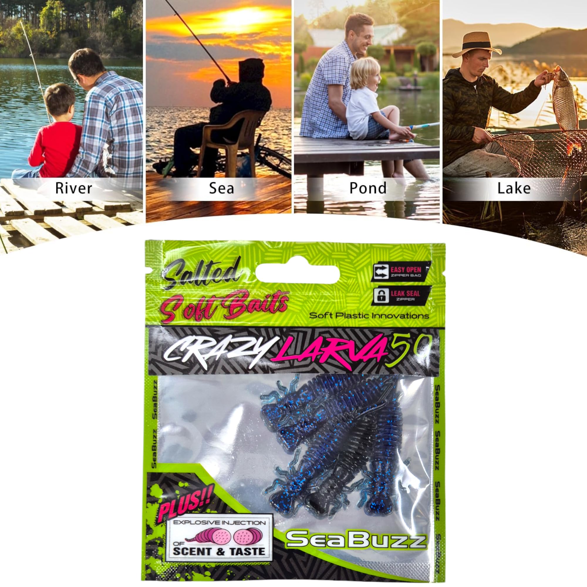Larva Set di esche da pesca in gomma, 5 pezzi x 50 mm, esche in gomma per trote, luccio e luccioperca, pesce gatto e pesce persico – set da pesca per acqua dolce e salata