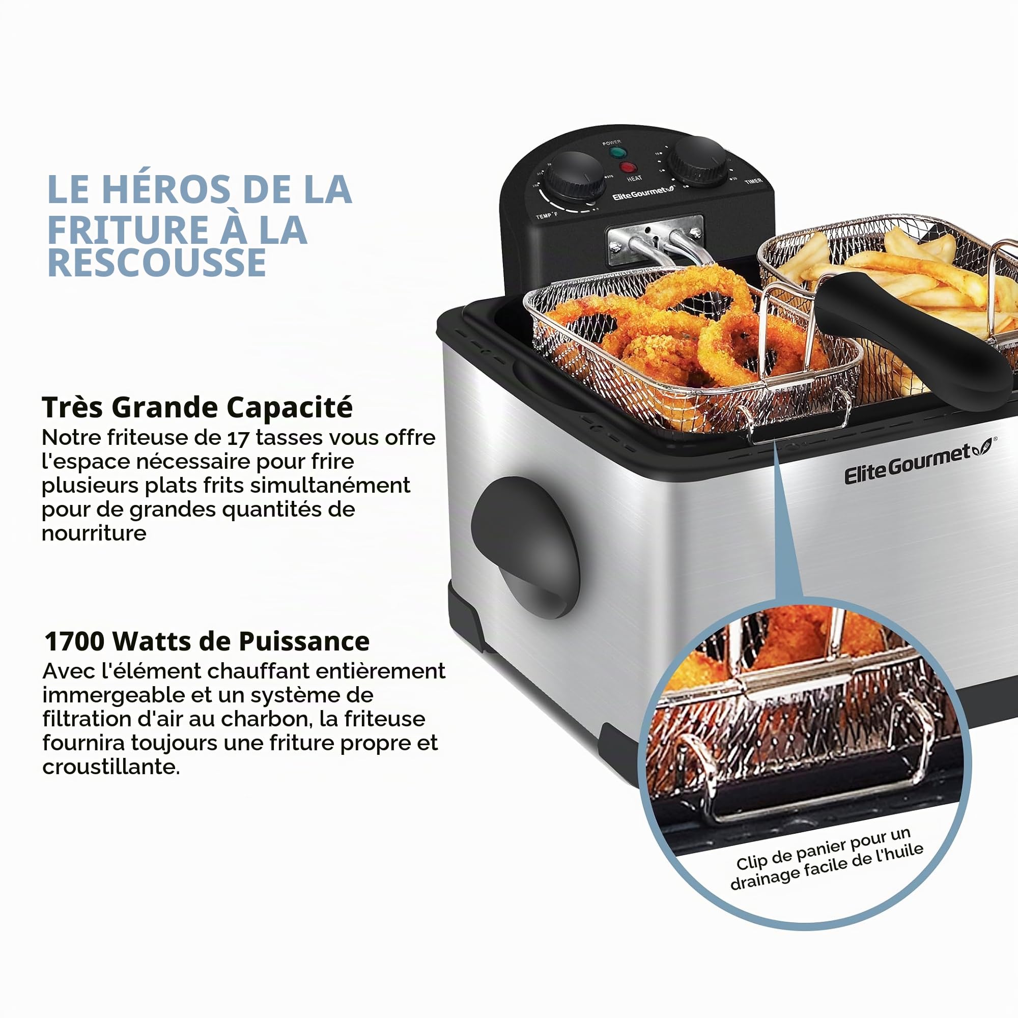 Elite Gourmet EDF-401T Friteuse électrique à 3 paniers, 1 700 W, minuteur, température réglable, couvercle avec fenêtre d’observation et filtre anti-odeur