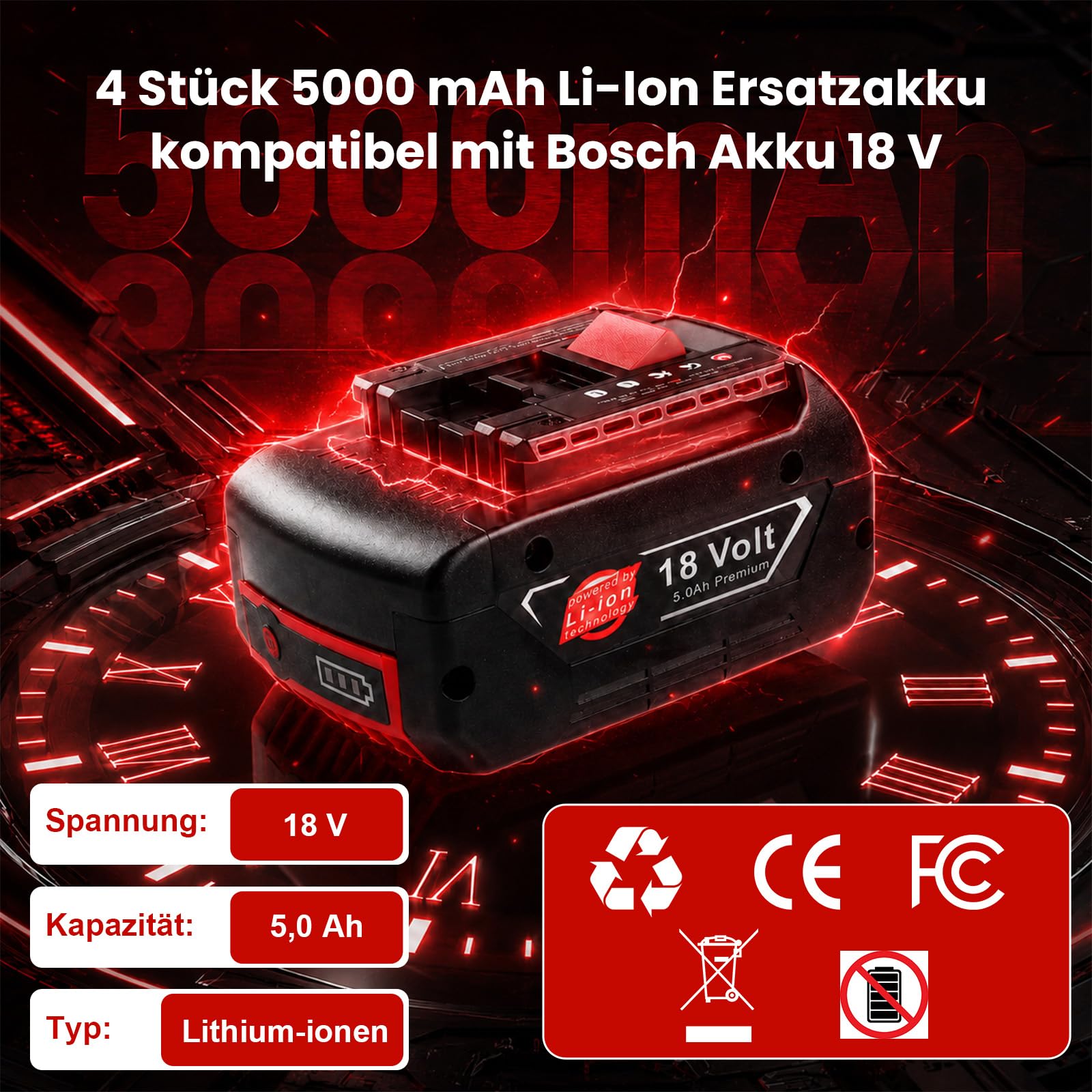 Lot de 4 batteries de rechange Li-ion 18 V 5000 mAh pour batterie Bosch