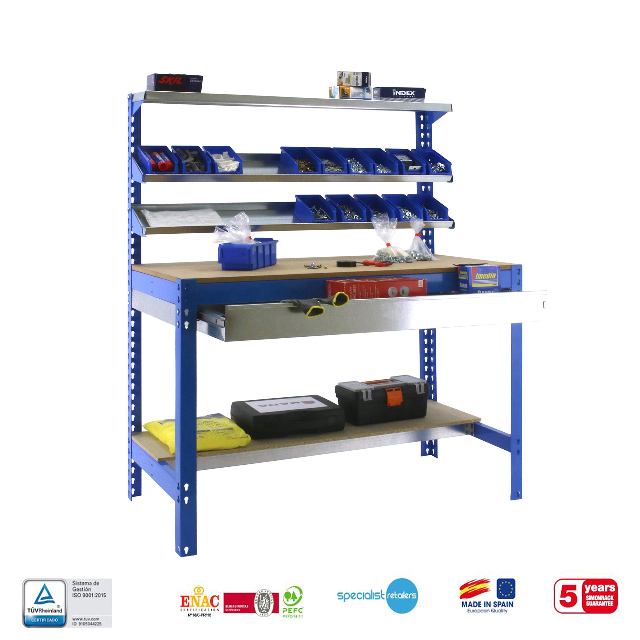 Simon Rack Banco de Trabajo con 3 repisas y cajón 910x610 mm - BT1 | Capacidad Carga 400 kg, Pintura anticorrosión, Azul , Montaje sistema clic