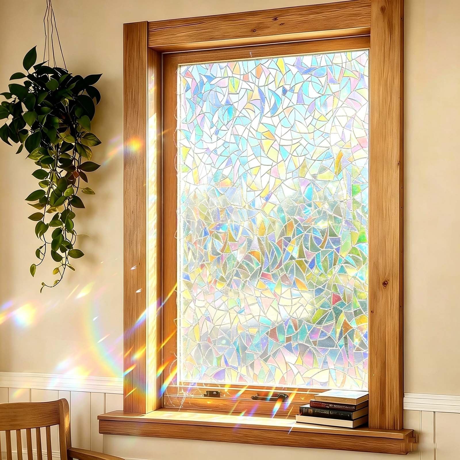 Rainbow Window Film 85 x 280 cm Blocks UV Static Cling No Glue Removable Heat Cotrol, Privacy Protection, Frosted Pattern Sticker Static Cling for Kitchen, Crescent
