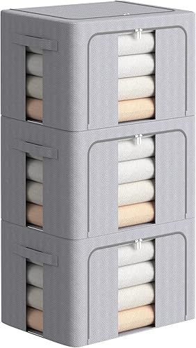 Paquete de 3 contenedores de almacenamiento de ropa, caja de almacenamiento apilable con marco de metal, organizador plegable de tela Oxford con
