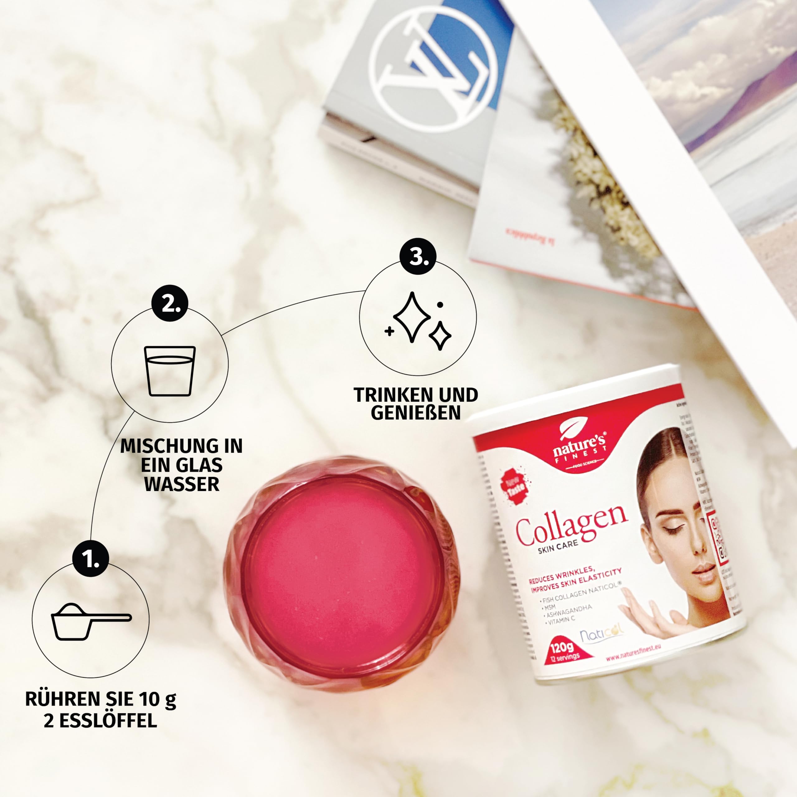 Nature's Finest Collagen SkinCare - Marine Kollagen Pulver Hochdosiert (5000mg) - Kollagen-Präparate mit Vitamin C - Unterstützt Haare, Nägel und Haut - Kollagen zum Trinken