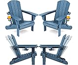 SERWALL Folding Adirondack Chair Set of 4, Adjustable Adirondack Chair with 3 Recline Positions, All Weather HDPE Outdoor Adirondack with Cup Holders, Blue