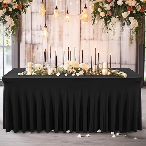 Miniatura 4 de Paquete de 6 manteles de elastano negro para mesas rectangulares de 6 pies, de una sola pieza, sin arrugas, ajustables, manteles elásticos de 6 pies