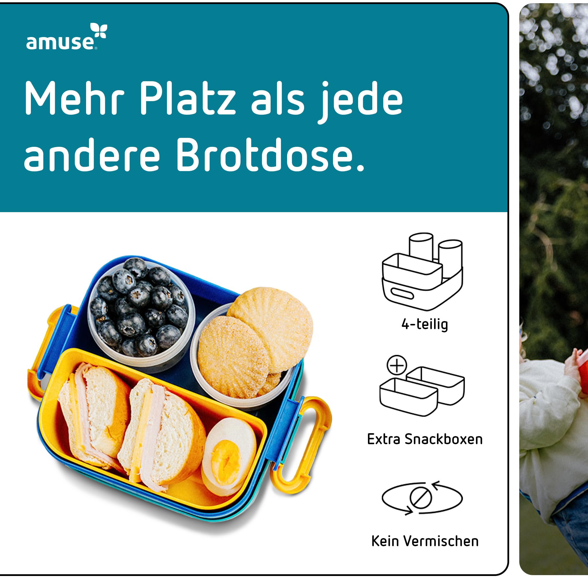 Amuse Rikko Brotdose Kinder mit Fächern | Bento Box inkl. Snackbox mit Fächern | Lunchbox Kinder, Brotdose Kindergarten, Brotbüchse Vesperbox, Brotzeitbox, Brotbox, Jausenbox | Vesperdose mit Fächern