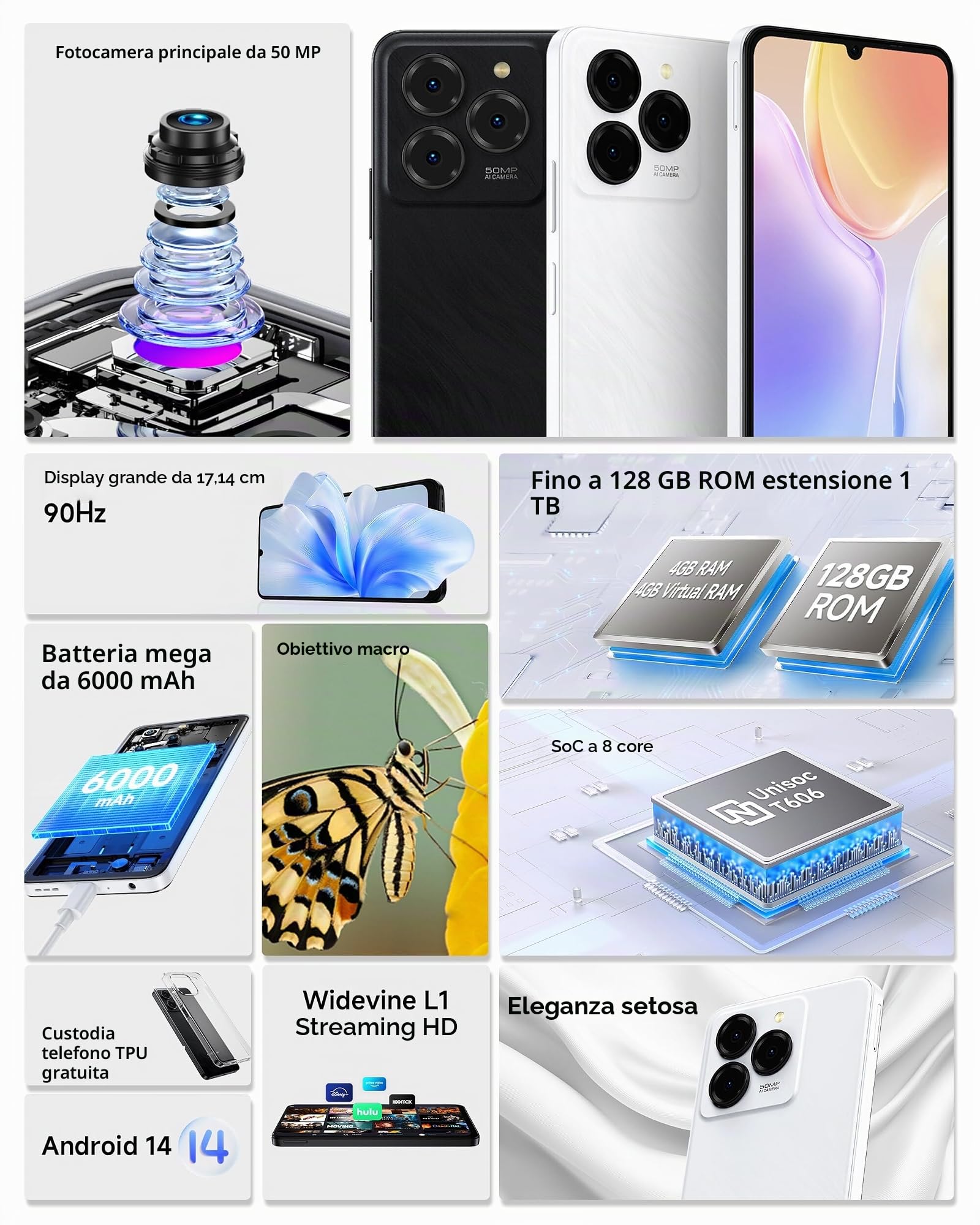 Ulefone Note 20 Pro Smartphone, 8GB+128GB/SD-1TB Android 14 Cellulare, 6.75" HD+ Widevine L1, Fotocamera 50MP+8MP Cellulari 6000mAh Batteria, Octa Core Dual SIM GPS/OTG/Face ID/Fingerprint Bianco
