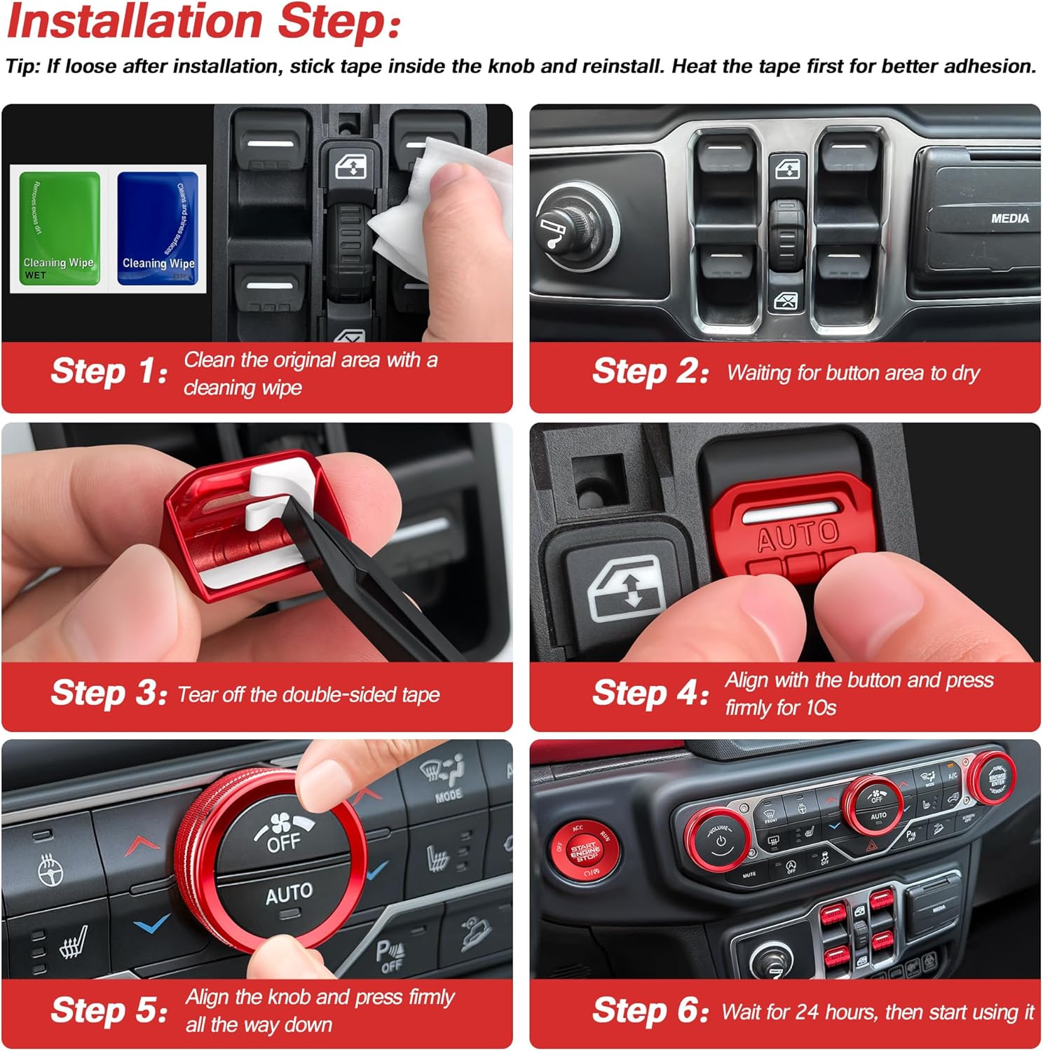 for 2018-2026 Jeep Wrangler JL/JLU & 2020-2026 Gladiator JT Accessories – 10PCS Aluminum Knob Cover Trim Set (Red) for Push Start, AC, Volume, Headlight & Window Switch Button