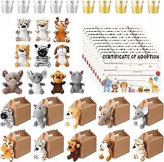 40Pcs Adopt A Pet Party Favors Mini Stuffed Animals Plush Toy Set Includes 10Pcs Safari Jungle Animal Plush Toys, Birthday Hats, Kraft Paper Boxes, Adoption Cards for Adopt A Animal Party