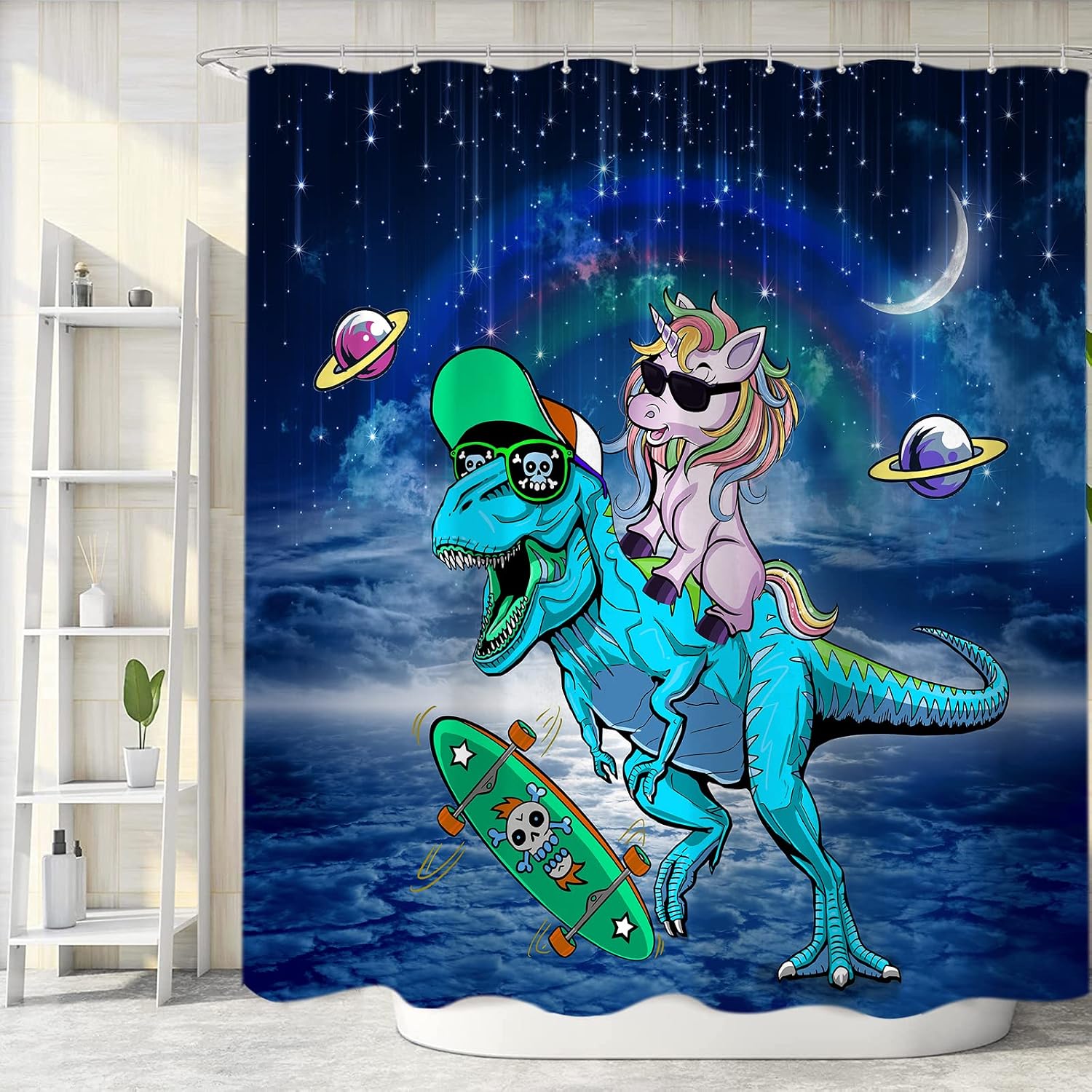 Funny Dinosaur Shower Curtain Set for Kids Bathroom, Cute Unicorn Riding Dinosaur Rainbow Decor Fabric Shower Curtains Sets Galaxy Space Teen Boys Girls Bath Accessories with Hooks 72 X 72 inch