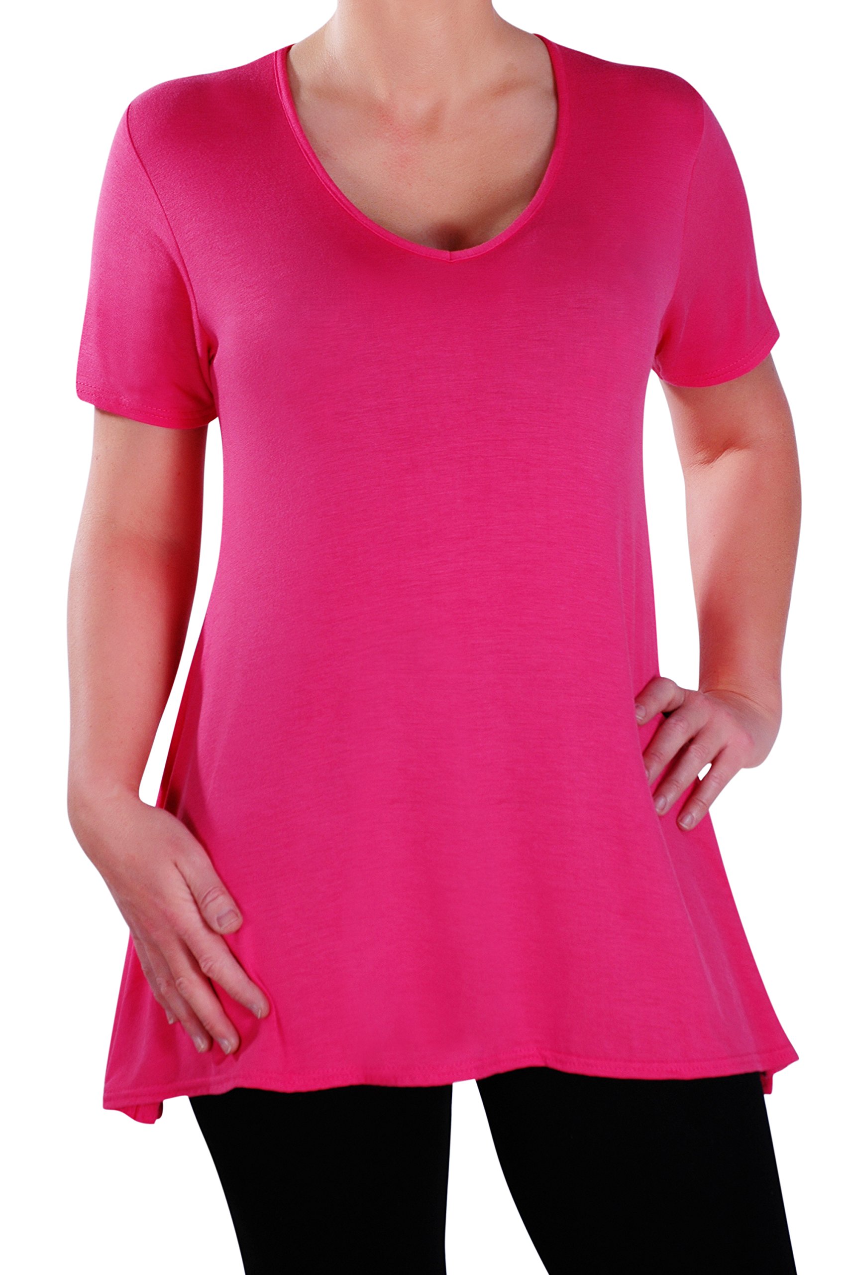 Eye Catch Women's Fushia - Delphine V Neck Plus Size Top Short Sleeve Casual Long Flared T Shirt Tunic Tops Size 26-28
