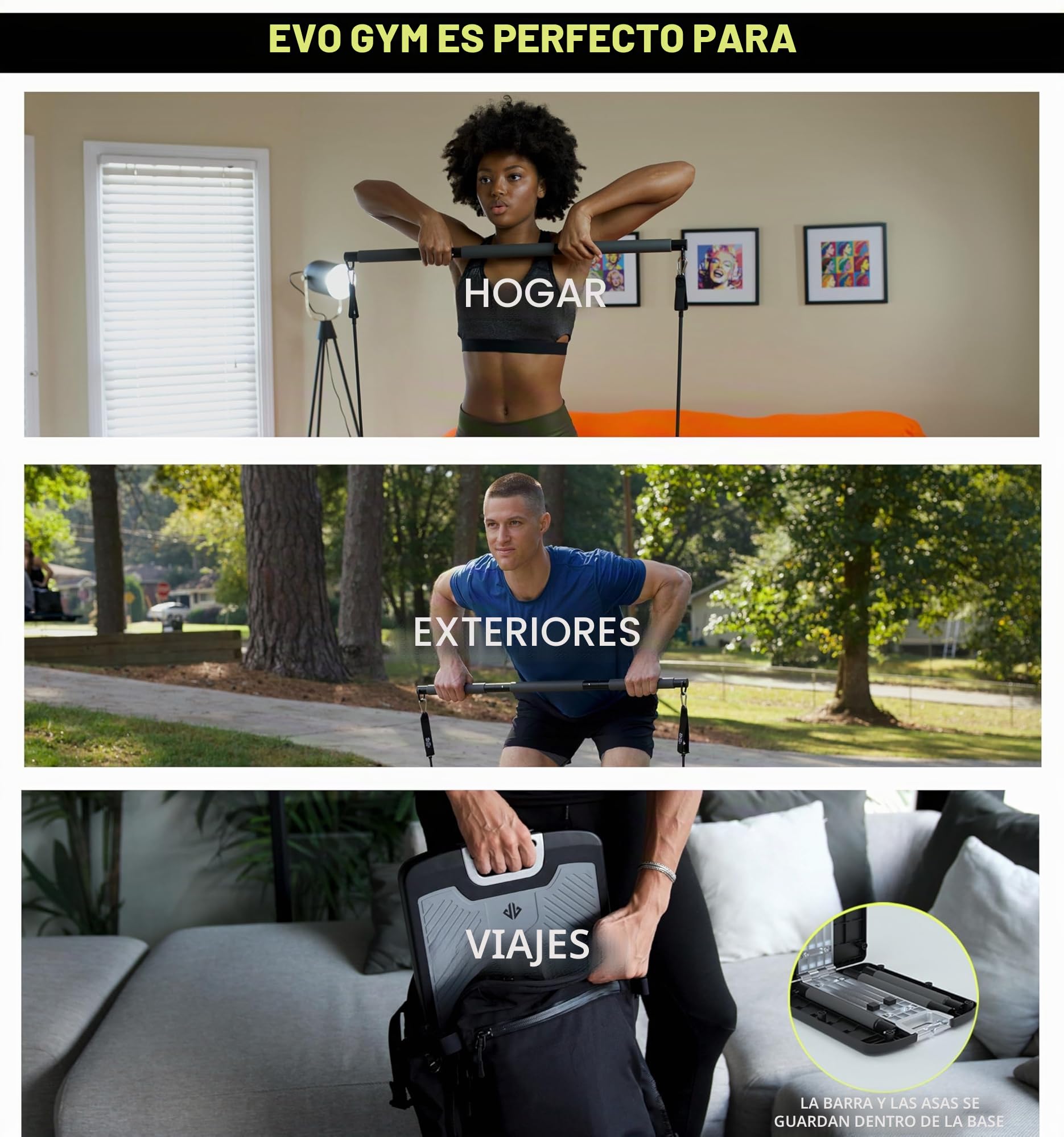 EVO Gym - Equipo portátil de entrenamiento de fuerza para gimnasio en casa, gimnasio en casa, todo en uno, bandas de resistencia, base sostiene barra de gimnasio y asas para viajes, equipo portátil de