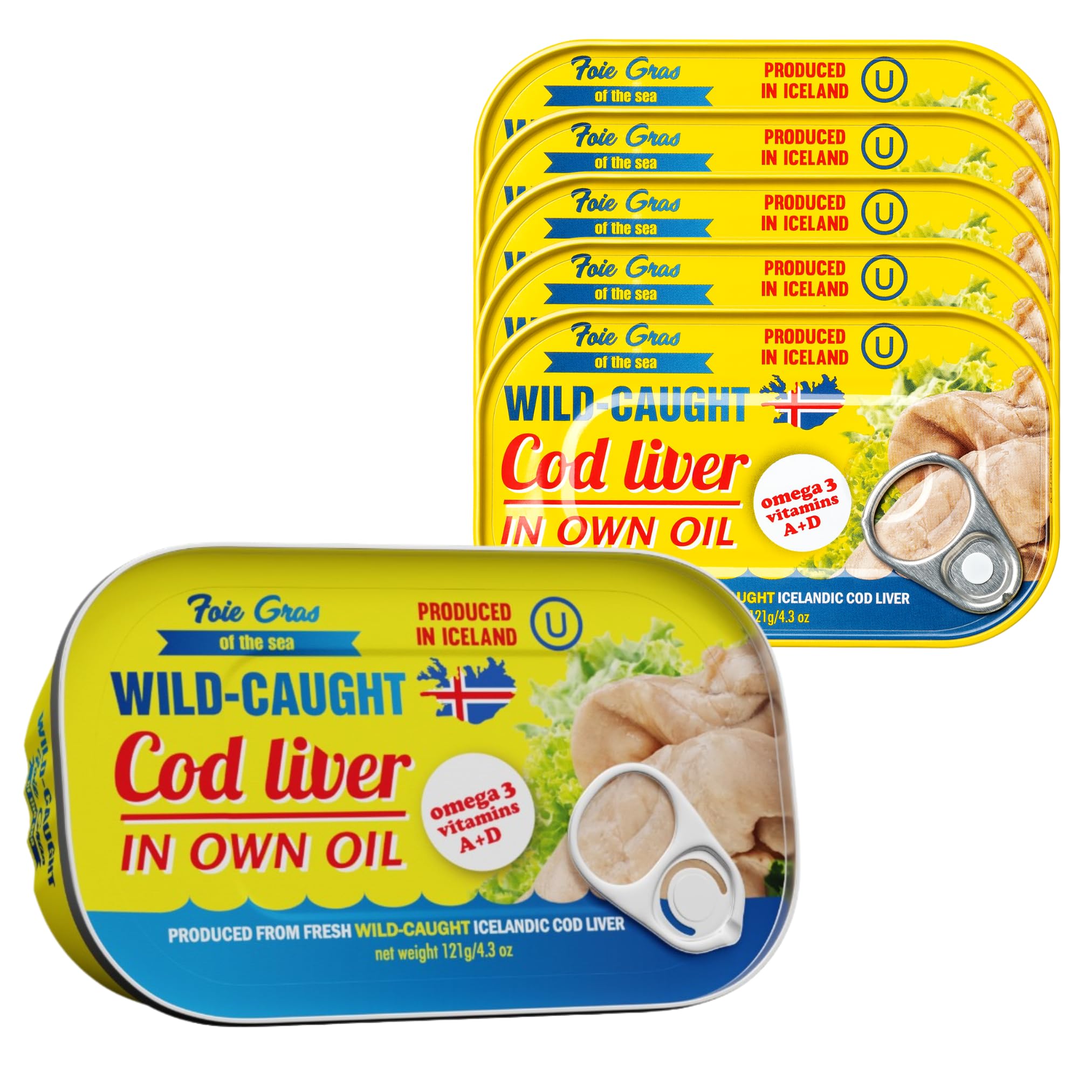 Foie Gras of the Sea Icelandic Cod Liver – Wild Caught Canned Cod Liver in Own Oil, 4.3 oz (Pack of 6) – Premium Gourmet Seafood, Omega-3 Rich, Kosher
