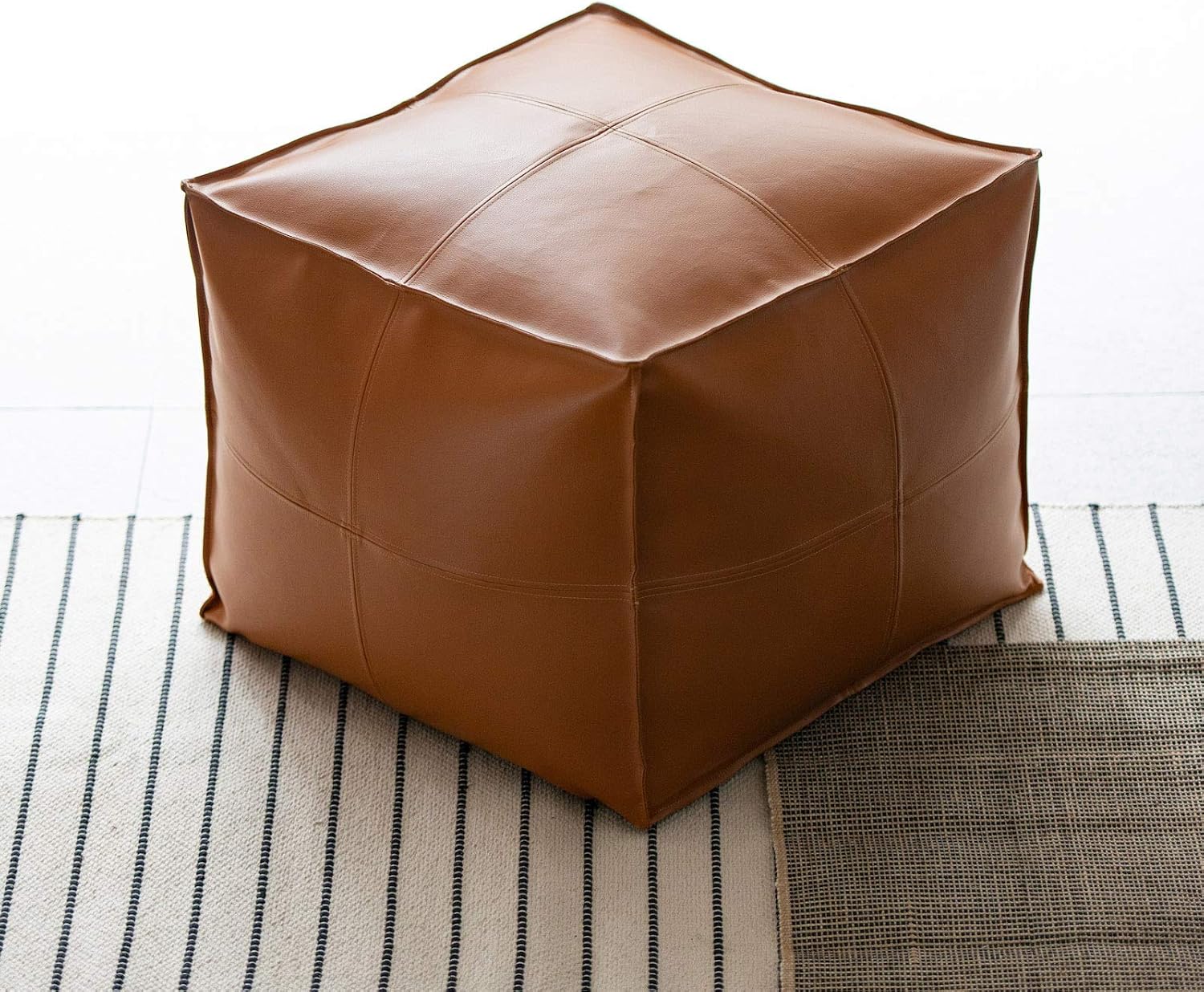 Hofdeco Premium Modern Boho Moroccan Pouf Cover Unstuffed Ottoman for Bedroom Living Room Decor Footstool, Camel Vegan Faux Leather, 20”x20”x16