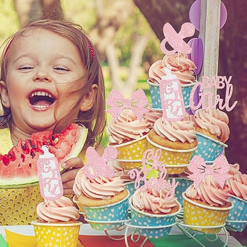 Miniatura 9 de Paquete de 24 adornos para cupcakes para niñas con la frase "It's a Girl" con purpurina, enterizo para chupete con lazo, revelación de género,