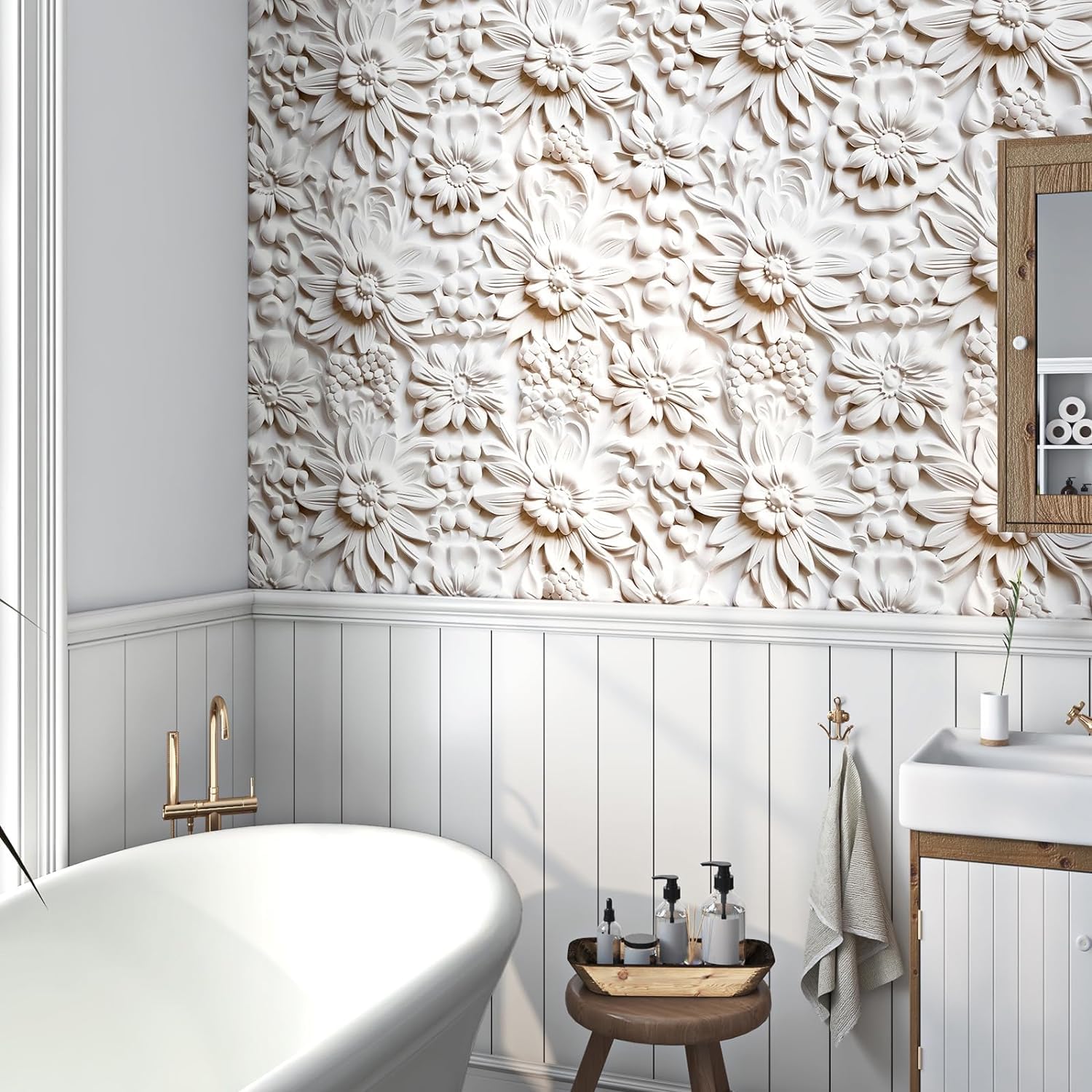 FunStick 44.5CM×9M Papel Pintado Flores Blanco Margarita Papel Pintado Pared 3D Salon Vinilos Adhesivos Flores Beige Papel Adhesivo Para Muebles Baño Floral Papel Autoadhesivo Pared Habitacion 3D