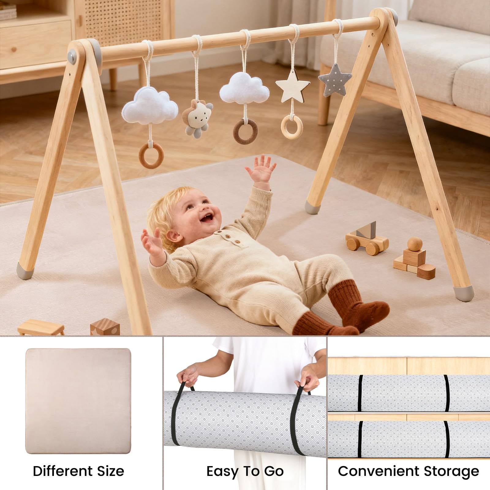 Baby-Spielmatte, 150 x 200 cm, 3 cm dicke Schaumstoff-Spielmatte, ultraweiche Unterstützung und Plüsch-Gefühl, leicht zu reinigen, Baby-Krabbelmatte mit rutschfester Unterseite, Beige