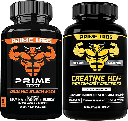 Prime Labs Cápsulas orgánicas de maca negra (60 ct) + cápsulas de creatina HCl (60 ct)