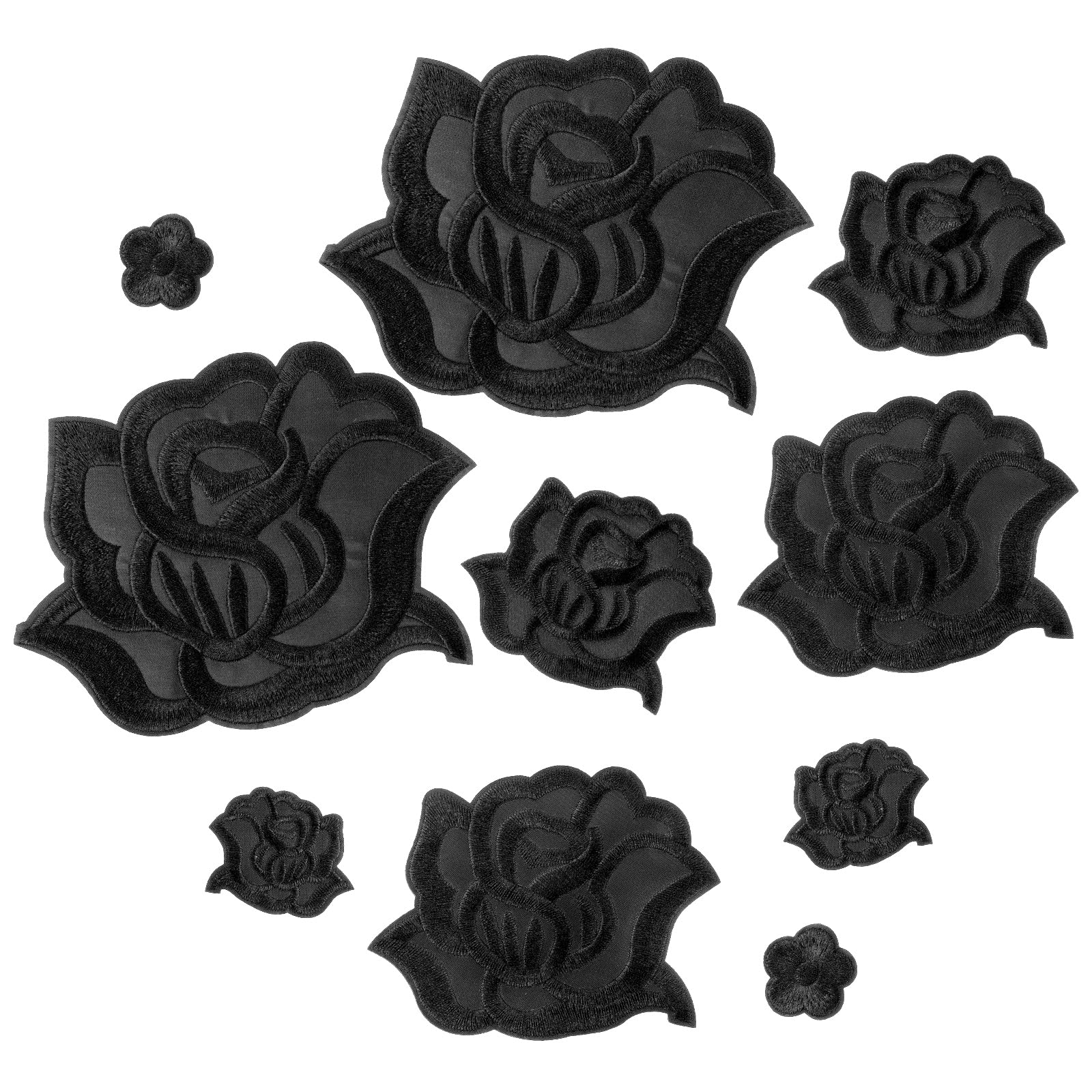 COMNICO 10 Pcs Black Iron on Rose Flower Patches for Clothes, Fabric Repair Sewwing Embroidered Flower Patches with 5 Sizes Cool Applique Patches for Jacket Jeans Sweater Hats Shoes Bags Designs