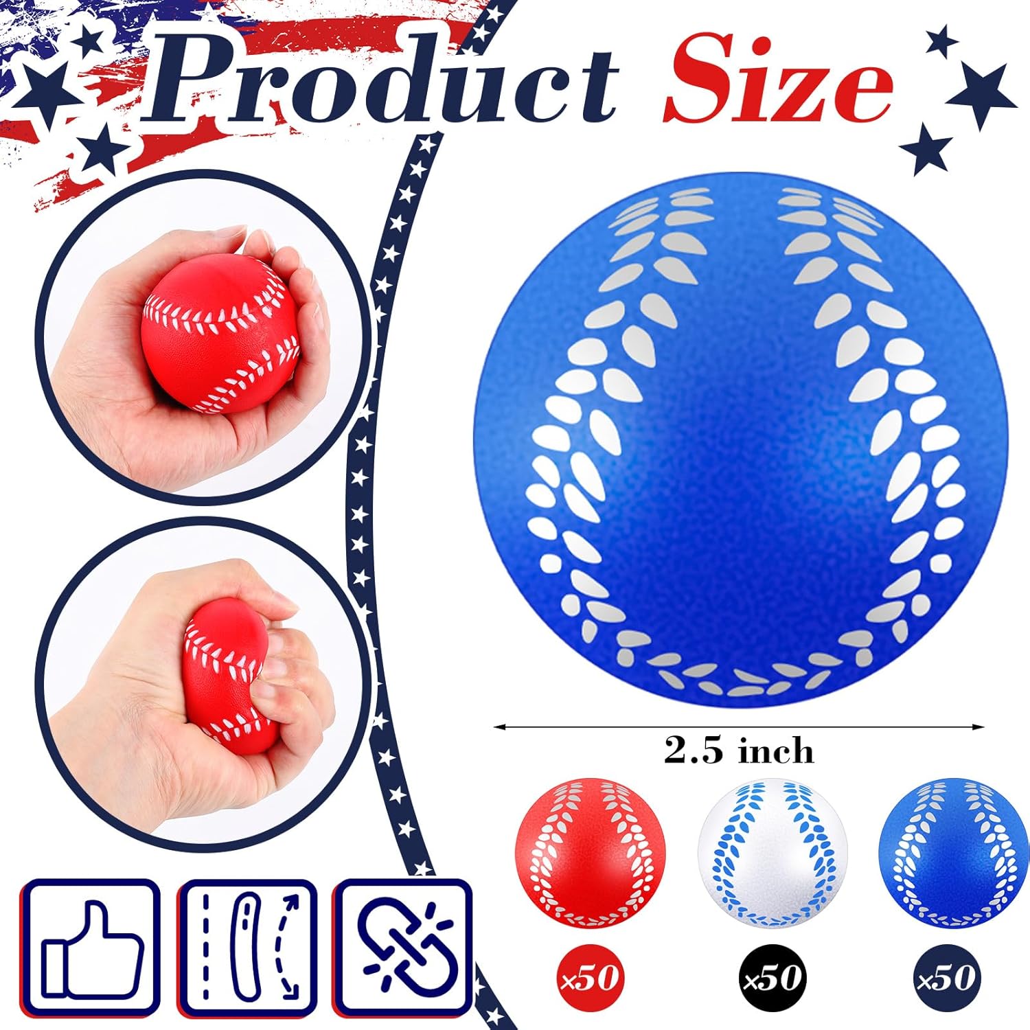 Leitee 150 Pcs 4th of July Stress Balls USA 250th Anniversary 2.5'' Patriotic Sports Balls Small Basketball Football Baseball Foam Basketball Bulk for Sport Party Gifts Reward, Red White Blue