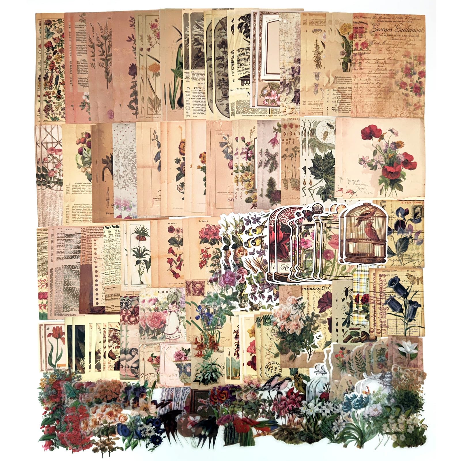 200PCS Vintage Scrapbooking Supplies Pack for Junk Journal Bullet Journals Planners Decoupage Paper Scrapbook Stickers Aesthetic Cottagecore Collage Craft Album (Flowers)