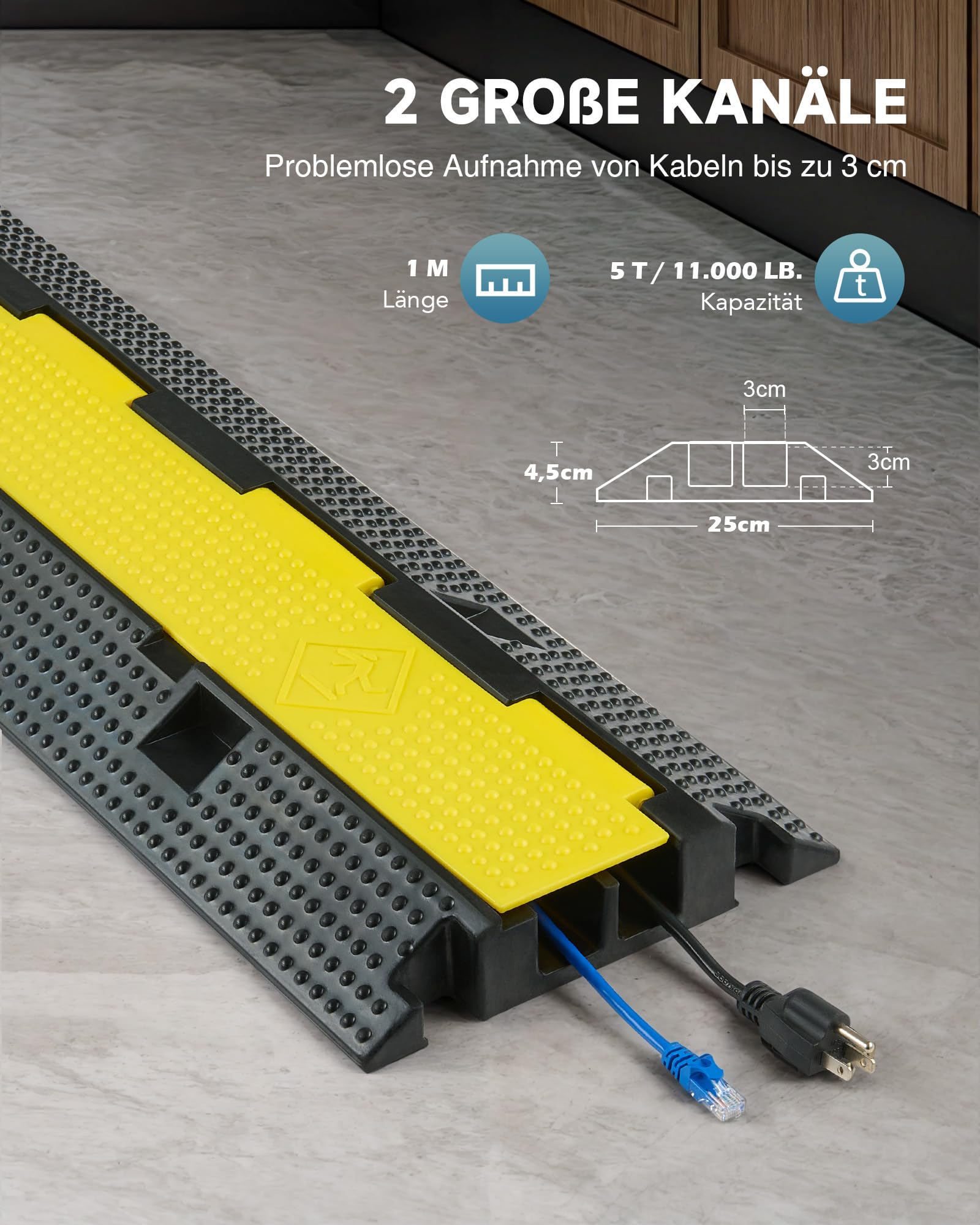 CREWORKS Kabelbrücke Boden Kabelbrücken 3 Stück 2 Kanal Überfahrschutz für Kabel Kabelkanal Boden Kabelabdeckung Boden 100x25x5cm 5T Kabelschutz Boden aus Gummi für Parkplätze, Lagerhäuser