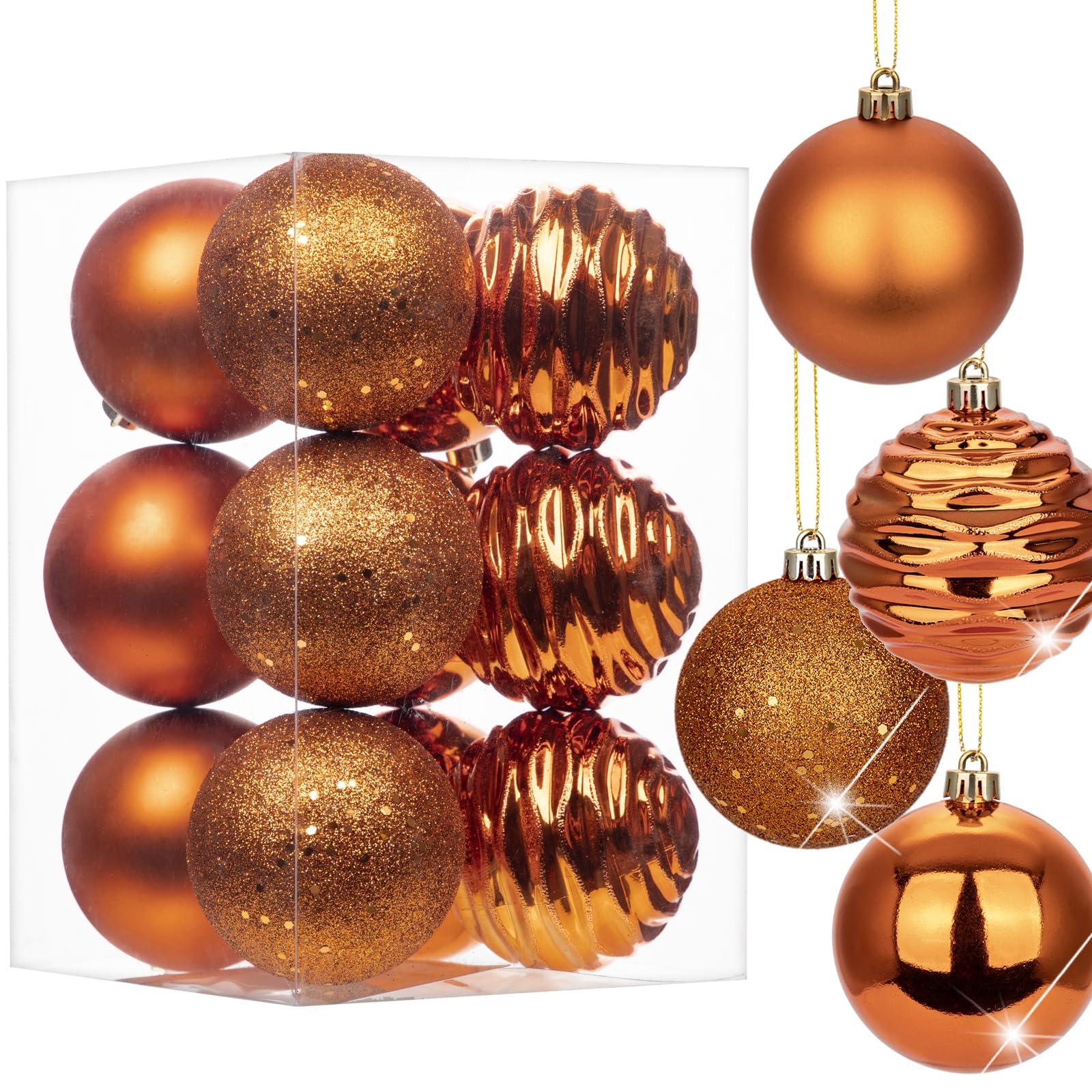 Oairse 8cm/3.15" Orange Christmas Baubles 12 pcs Shatterproof Tree Ornaments with Hanging Strings, Large Christmas Tree Decorations Set for Wedding Holiday Party Wreath Xmas Halloween Home Decor