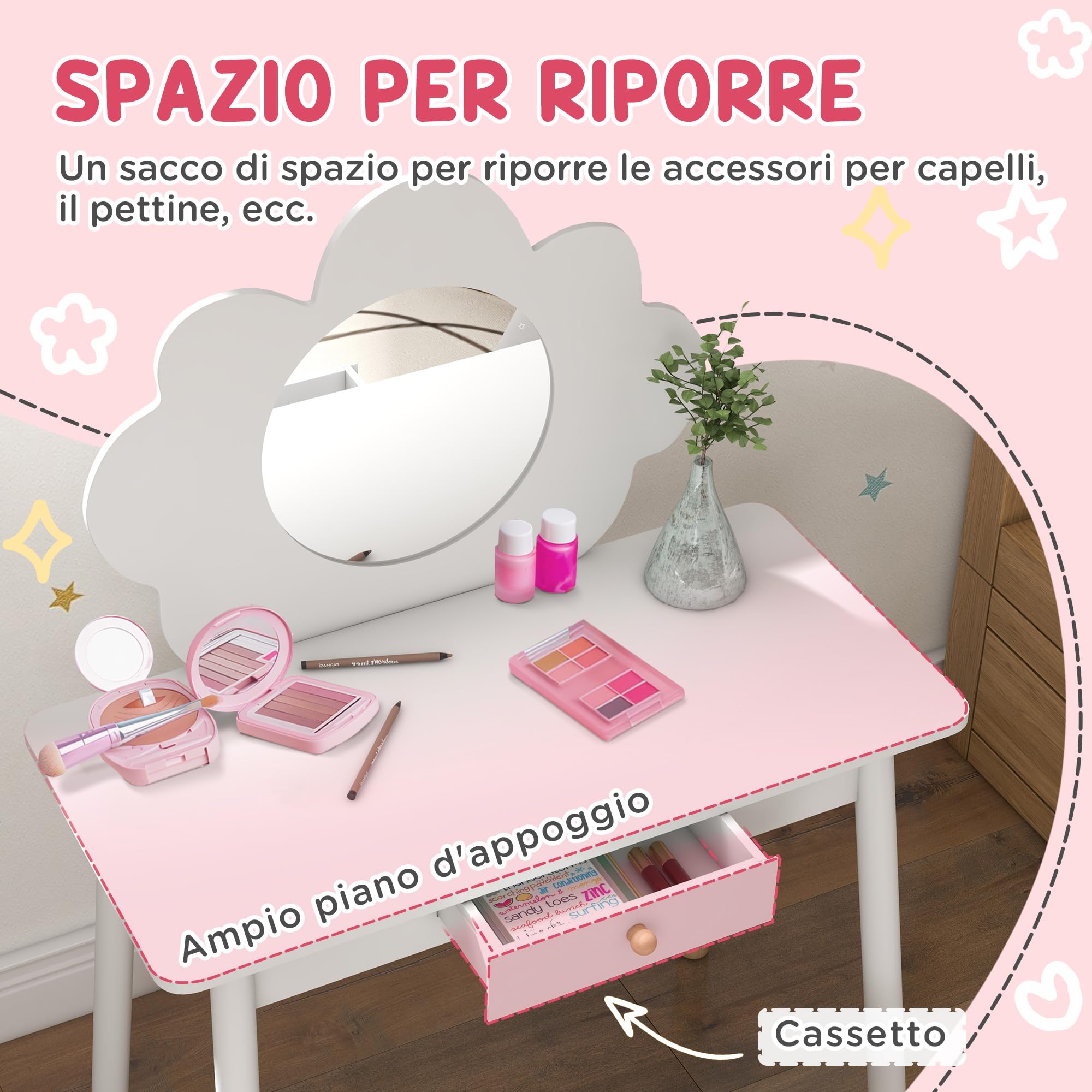 AIYAPLAY Set da Trucco per Bambine 3-6 Anni con Sgabello da Trucco, Tavolo Toeletta con Specchio a Nuvola e Cassetto Portaoggetti in Legno, Bianco