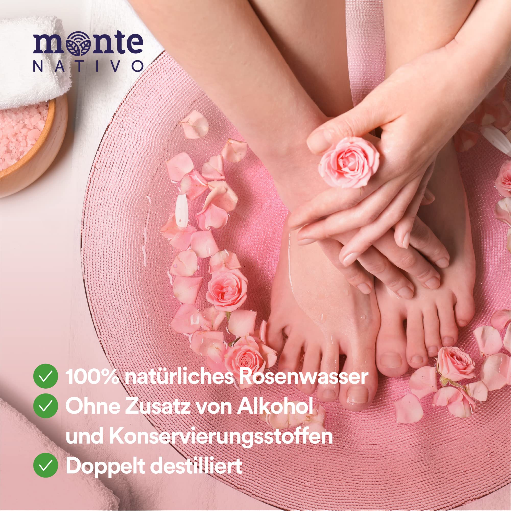 100% Woda różana Monte Nativo 500ml – 100% naturalna i czysta, toner do twarzy, naturalny różany hydrolat, potrójnie oczyszczony, kwiatowa woda różana