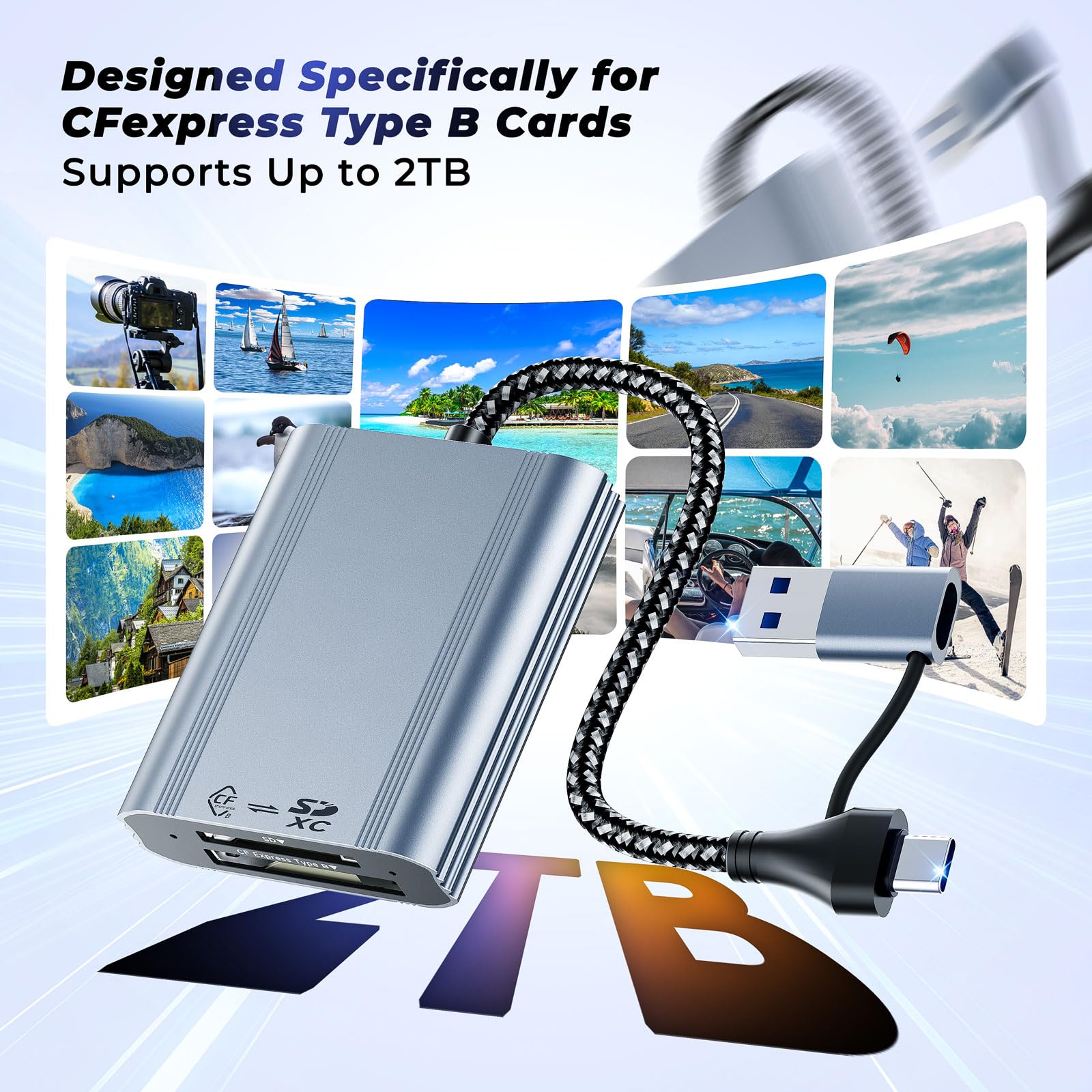 CFexpress Lecteur de carte mémoire externe 2 en 1 type B et SD 10 Gbit/s USB 3.1 Gen2, aluminium USB-A/USB-C Type B CFexpress Adaptateur lecteur de carte mémoire externe compatible Windows/Mac OS