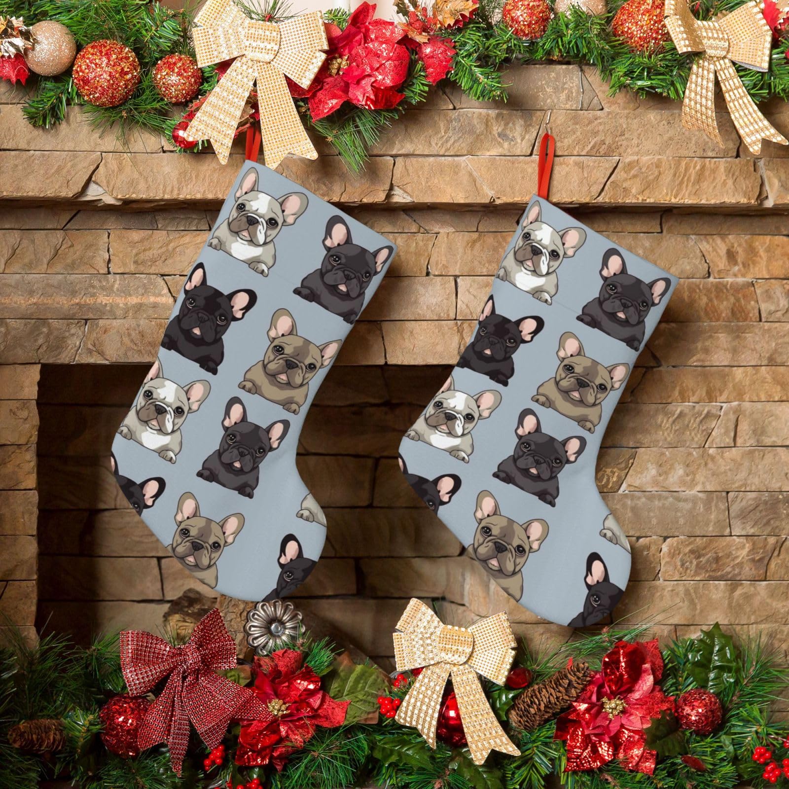 KLOPH Christmas Stockings 18" Personalized Xmas Stocking French Bulldog Decoration Stocking Hanging Fireplace Stocking for Holiday Xmas Tree Christmas Fireplace Decor