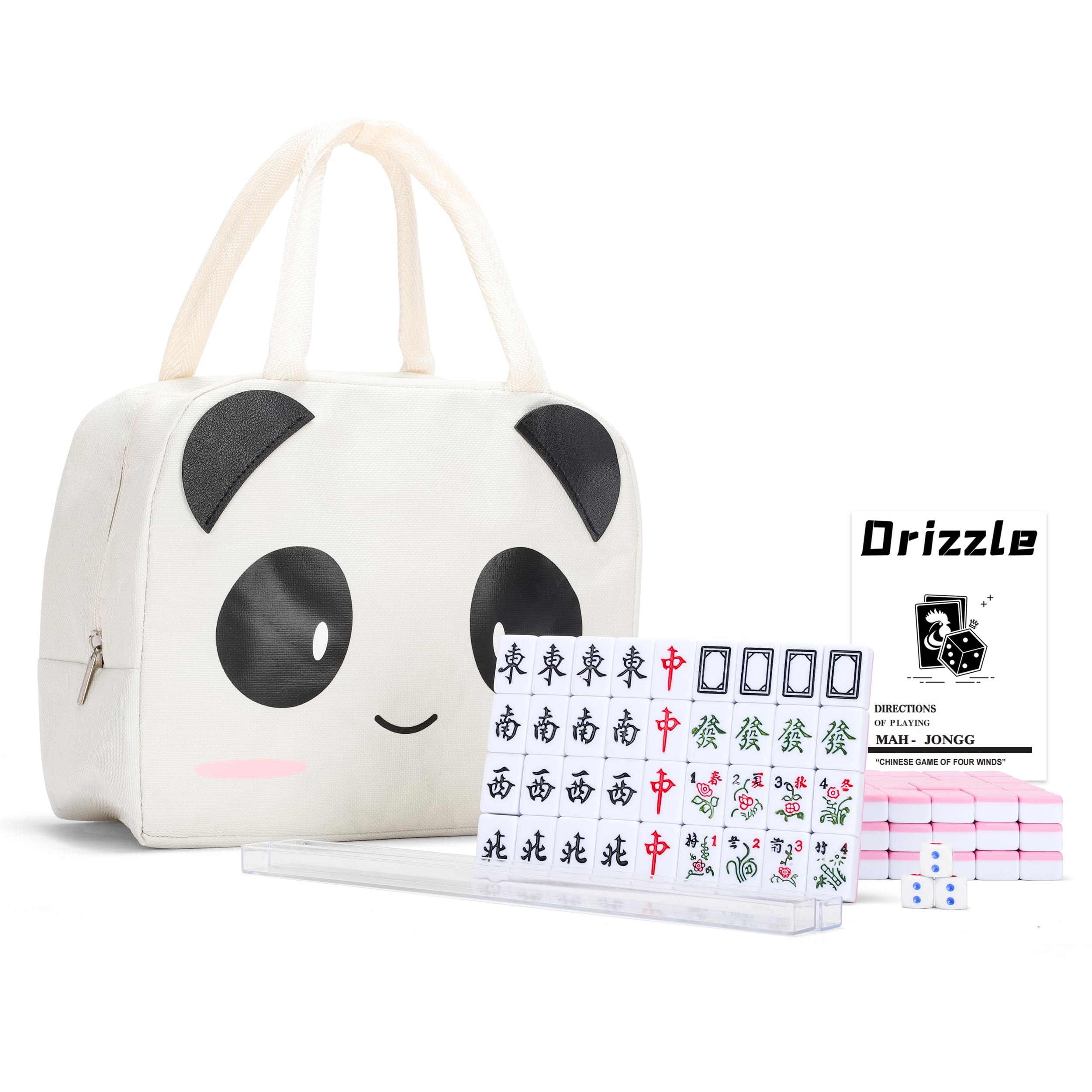 drizzle Traditionelle chinesische Version Spiel-Set, 2,3 cm, tragbar, 146 Fliesen, Melamin-Material, Mah-Jong – mit Regalschiebern und Pandatasche, für Reisen, Familie, Freizeit