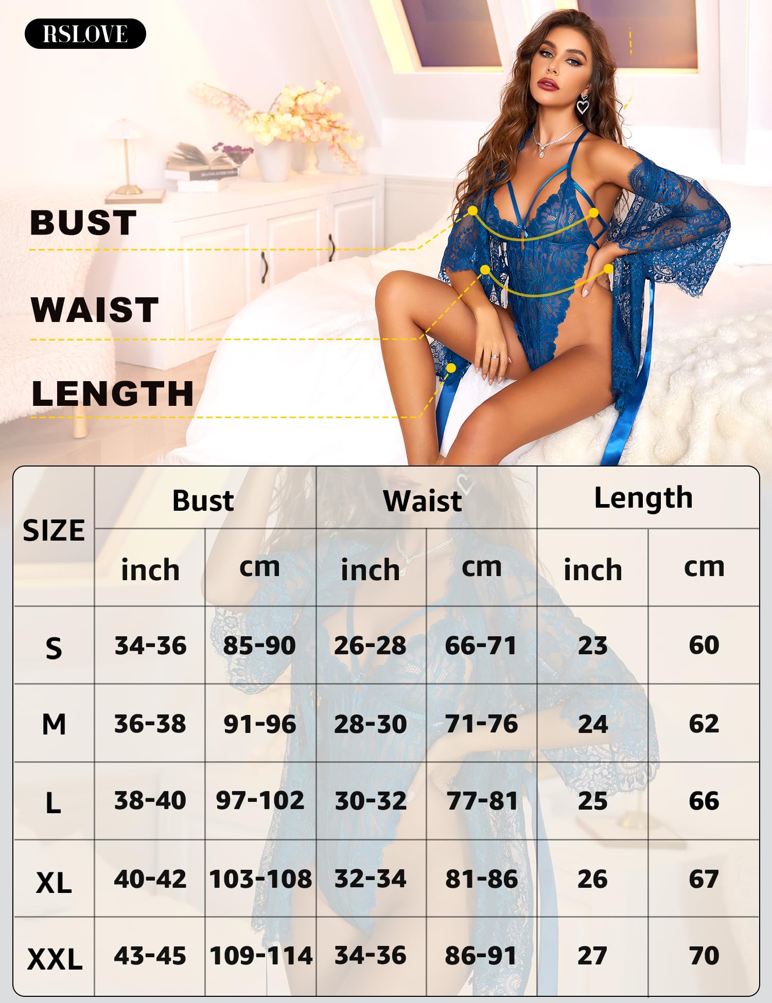 RSLOVE Lingerie sexy da donna, body in pizzo con accappatoio, biancheria da notte
