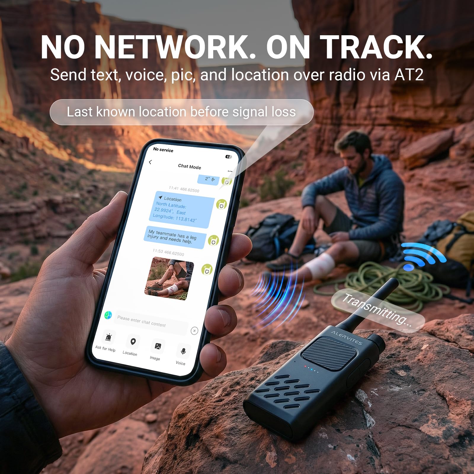 AT2 Walkie Talkie UHF con Messaggistica Off-Grid (Testo e Foto), Programmazione App Wireless, Doppio PTT, 30CH, Batteria 2200mAh, USB-C, Clone Radio, Sync Canale, Outdoor/Emergenza, 2 Pezzi