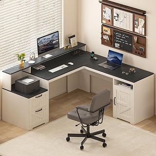 63" Farmhouse L-Shaped Corner Desk with Drawers, Power Outlets, Monitor Stand & Printer Shelf - Black/White
