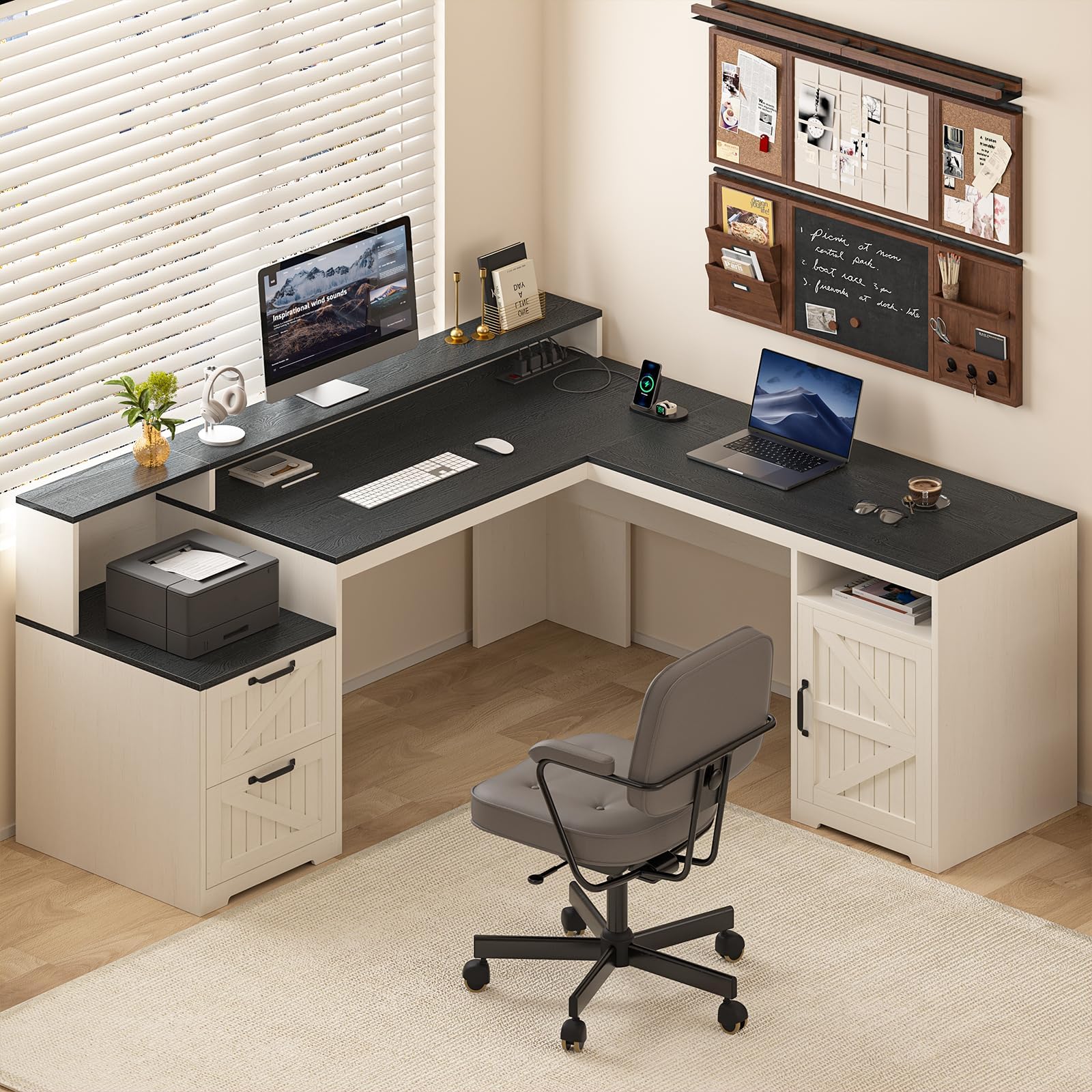 YOMILUVE 63" Farmhouse L Shaped Executive Desk with Drawers & Storage Shelf, Corner Computer Desk with Power Outlets, L Shaped Office Desk with Monitor Stand, Printer Shelf, Black and White